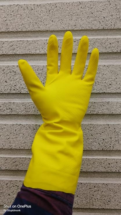 FORTUNER Rubber Heavy Duty Hand gloves for Dishwashing, gardening, kitchen cleaning (Inner cotton lining for comfort), 1 PAIR (GREEN)