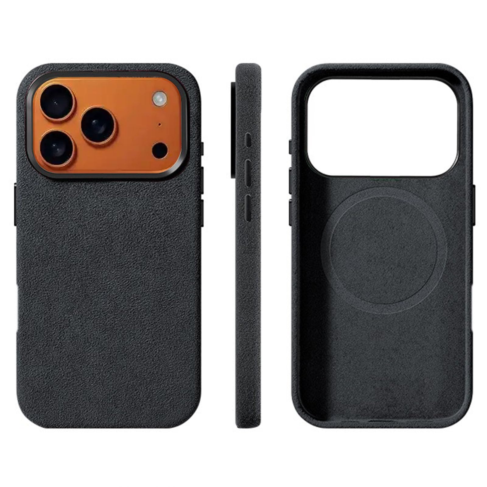 Étui en daim alcantara pour iPhone 17 Pro Max, compatible avec MagSafe, cuir daim véritable importé d'Italie, fait à la main, sensation intérieure de supercar, ultra fin, antidérapant (gris foncé