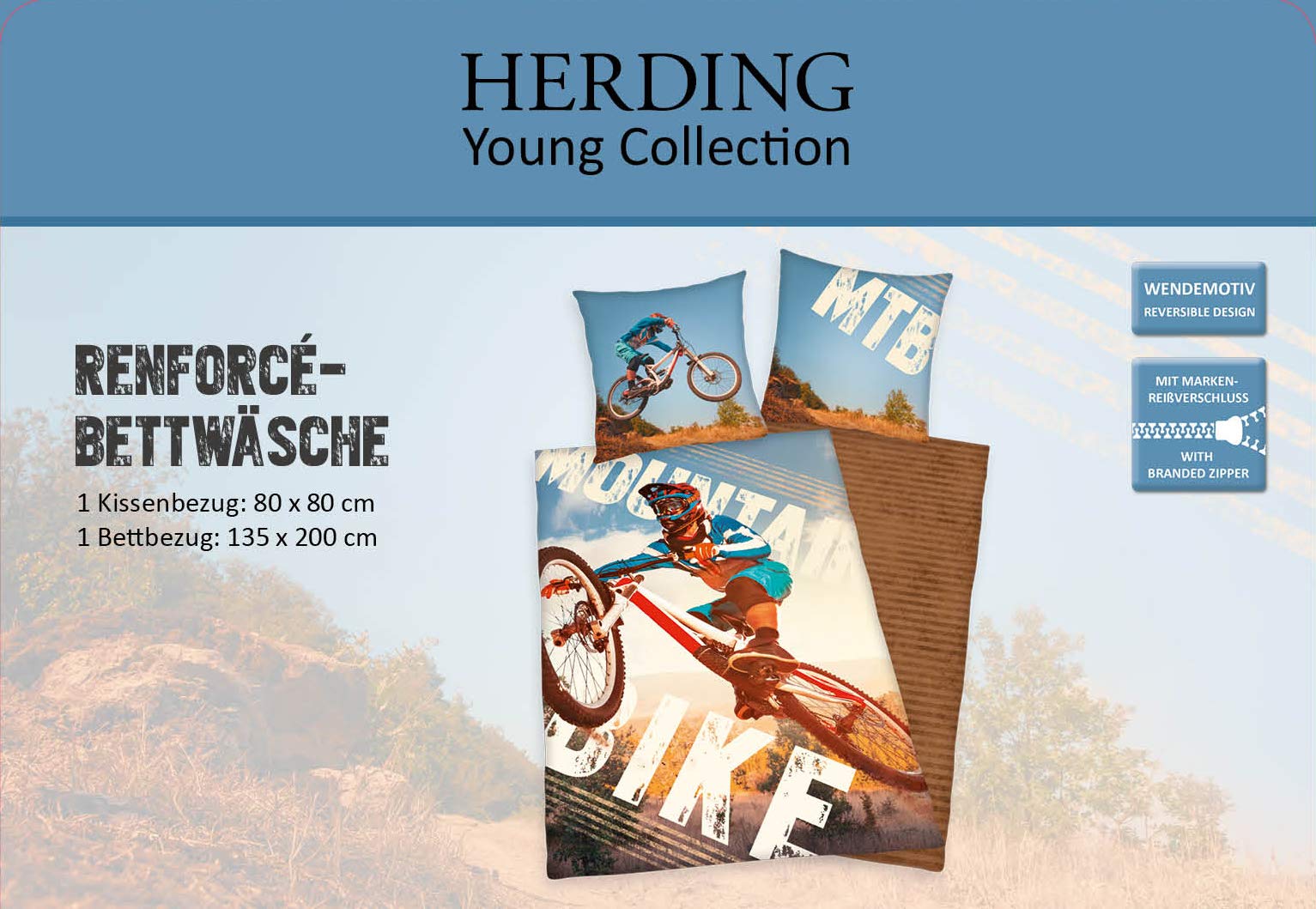 Herding YOUNG COLLECTION zestaw pościeli, rower górski, dwustronny motyw, poszwa na kołdrę 135 x 200 cm, poszewka na poduszkę 80 x 80 cm, bawełna/Renforcé