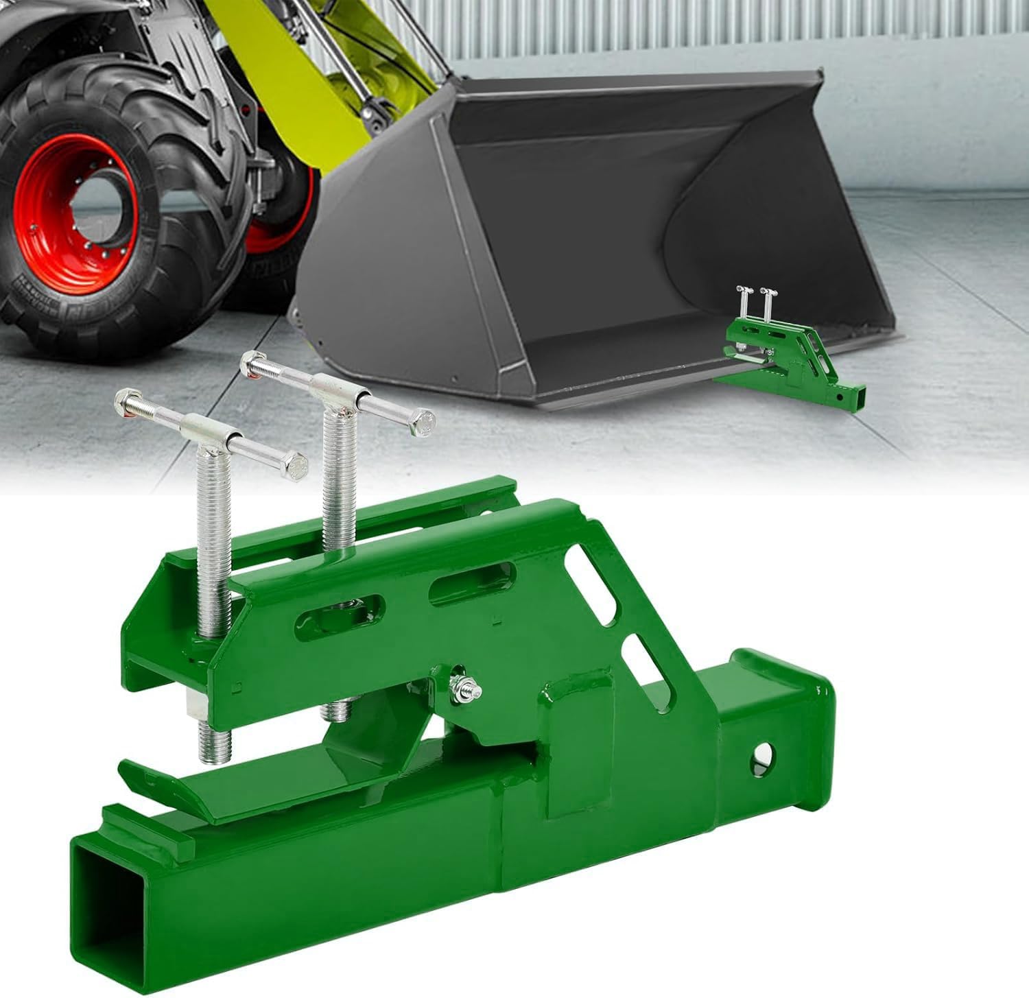 Green Bucket Trailer Hitch Attachment,2025 New Upgraded Clamp on Tractor Bucket Hitch 2" Receiver, Non-Slip Trailer Adapter Mount for Kubota Deere Bobcat