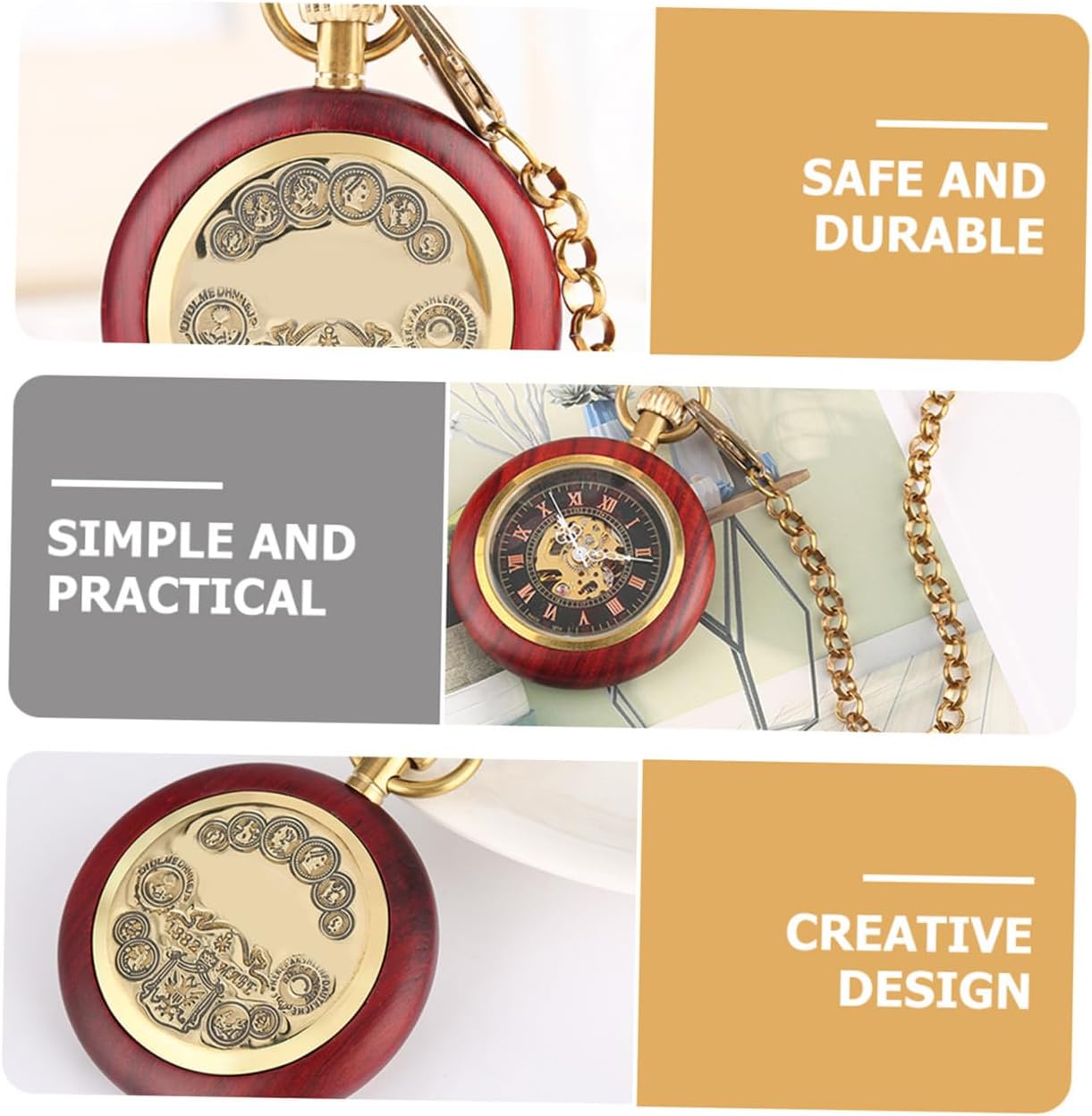 VILLCASE Antique Mechanical Hanging Pocket Watch with Copper Wood Grain Bezel and Roman Numerals, Linked Pocket Watch for Elderly Men Vintage Style