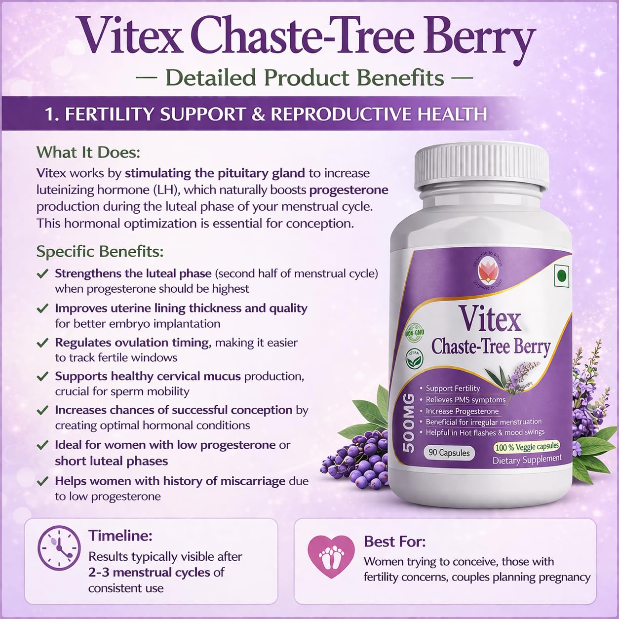 Vitex Chaste Tree Berry Extract 500mg Capsules - Fertility Support, PMS Relief, Hormonal Balance, Cycle Regularity & Women's Reproductive Health | 90 Veg Capsules — Amazon image 3