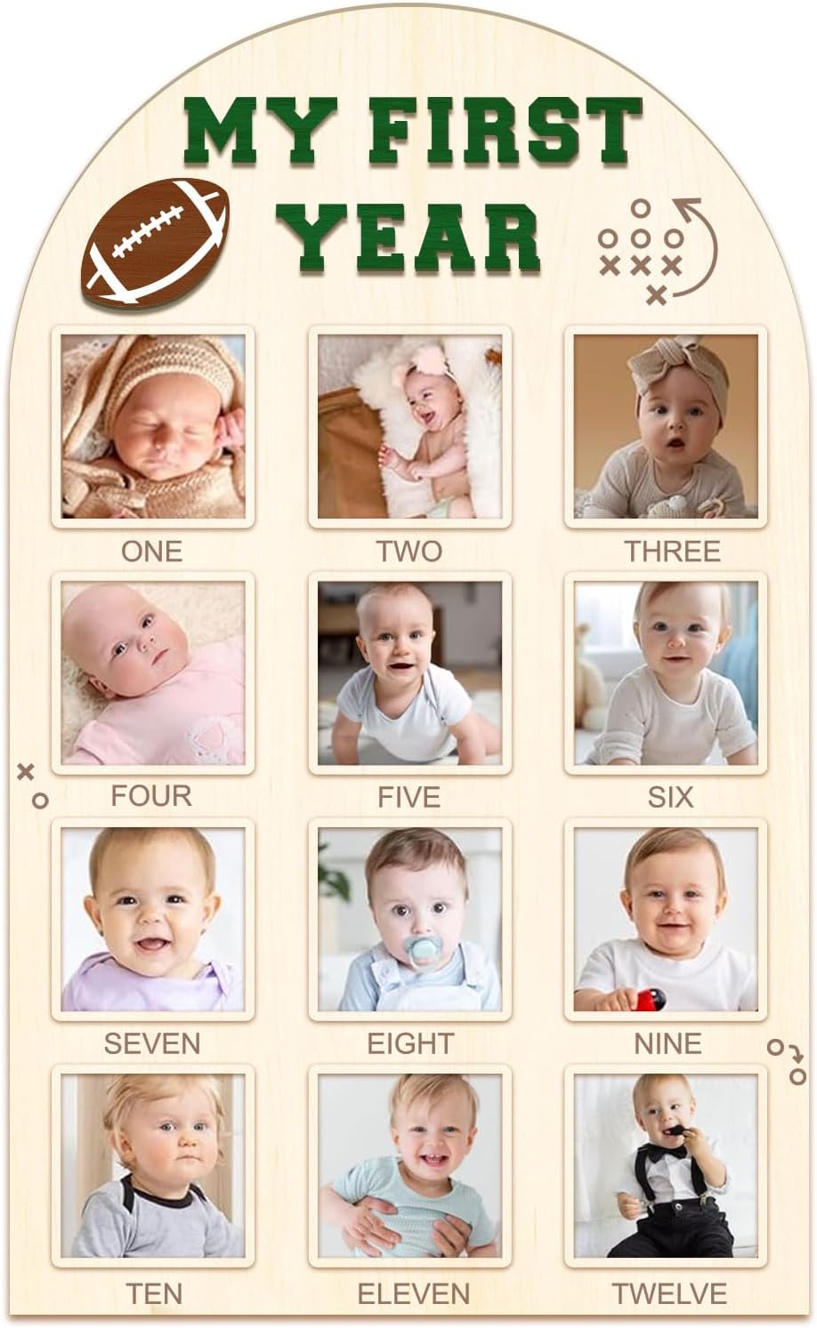 My First Year Photo Board - Baby's First Year Photo Frame 12 Months Milestone Board Football Photo Display Wood Board 1st Birthday Picture Frame Decorations (fits 4" x 4" photo)