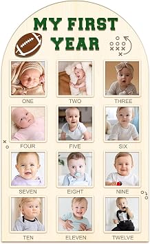 Partico My First Year Photo Board - Babys First Year Photo Frame 12 Months Milestone Board Football Photo Display Wood Board 1st Birthday Picture Frame Decorations fits 4" x 4" photo