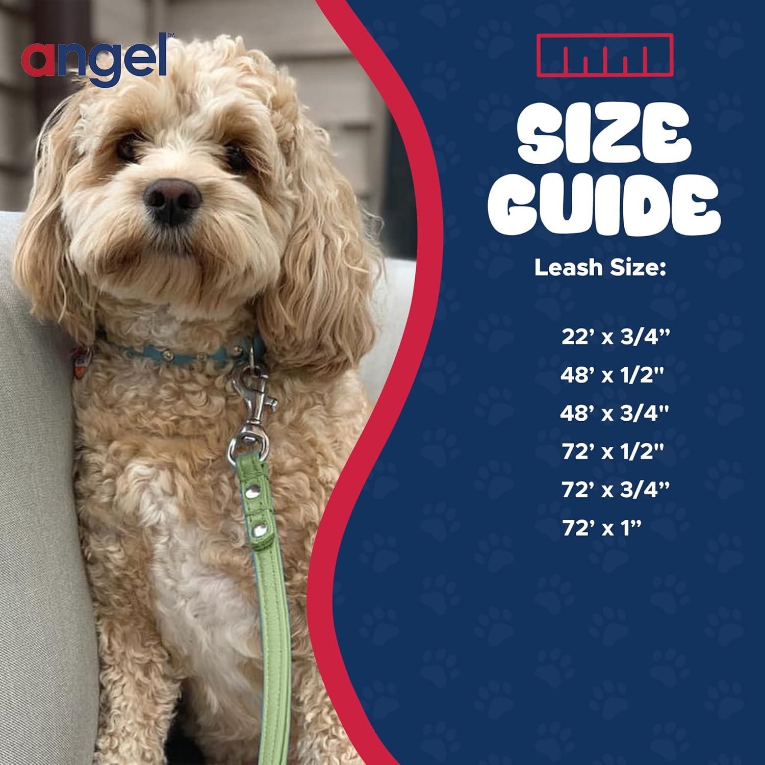 Angel, Alpine Leash, 100% Genuine Leather, Green, 72" x 3/4", Padded Handle, Brass Snap Hook, Double Ply, Soft and Durable, 6 Foot Leash