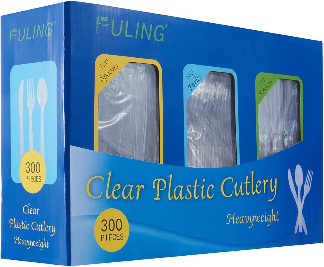 - Cutlery Set Plastic Utensils Clear Forks Spoons Knives Disposable Silverware Heavyweight [300 Combo Box]