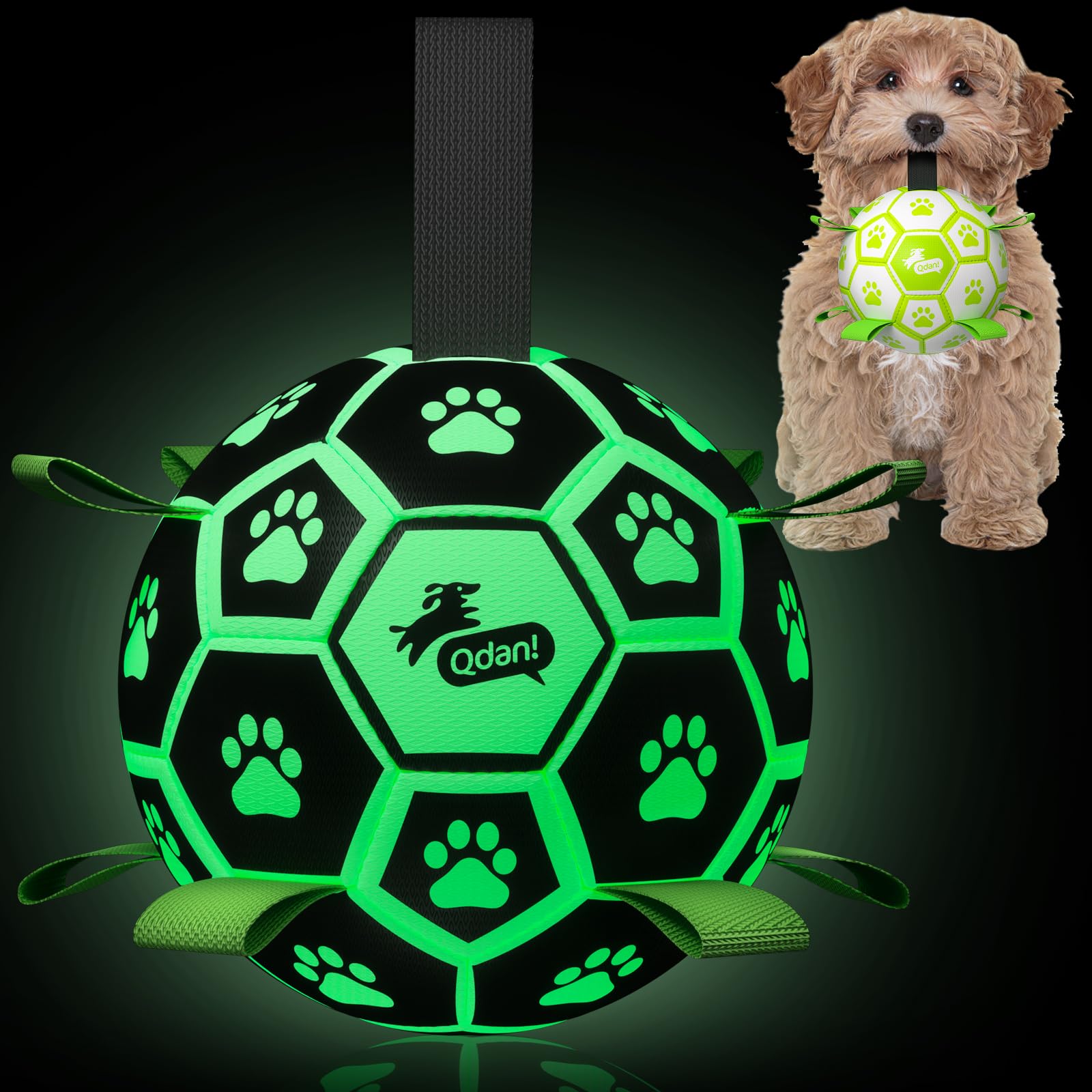 QDAN Glow in The Dark Dog Toys, Interactive Light Up Dog Balls, Outdoor Dog Soccer Ball with Straps, Dog Tug Toys for Small & Medium Dogs, Puppy Birthday Gifts(6 Inch) — image 1