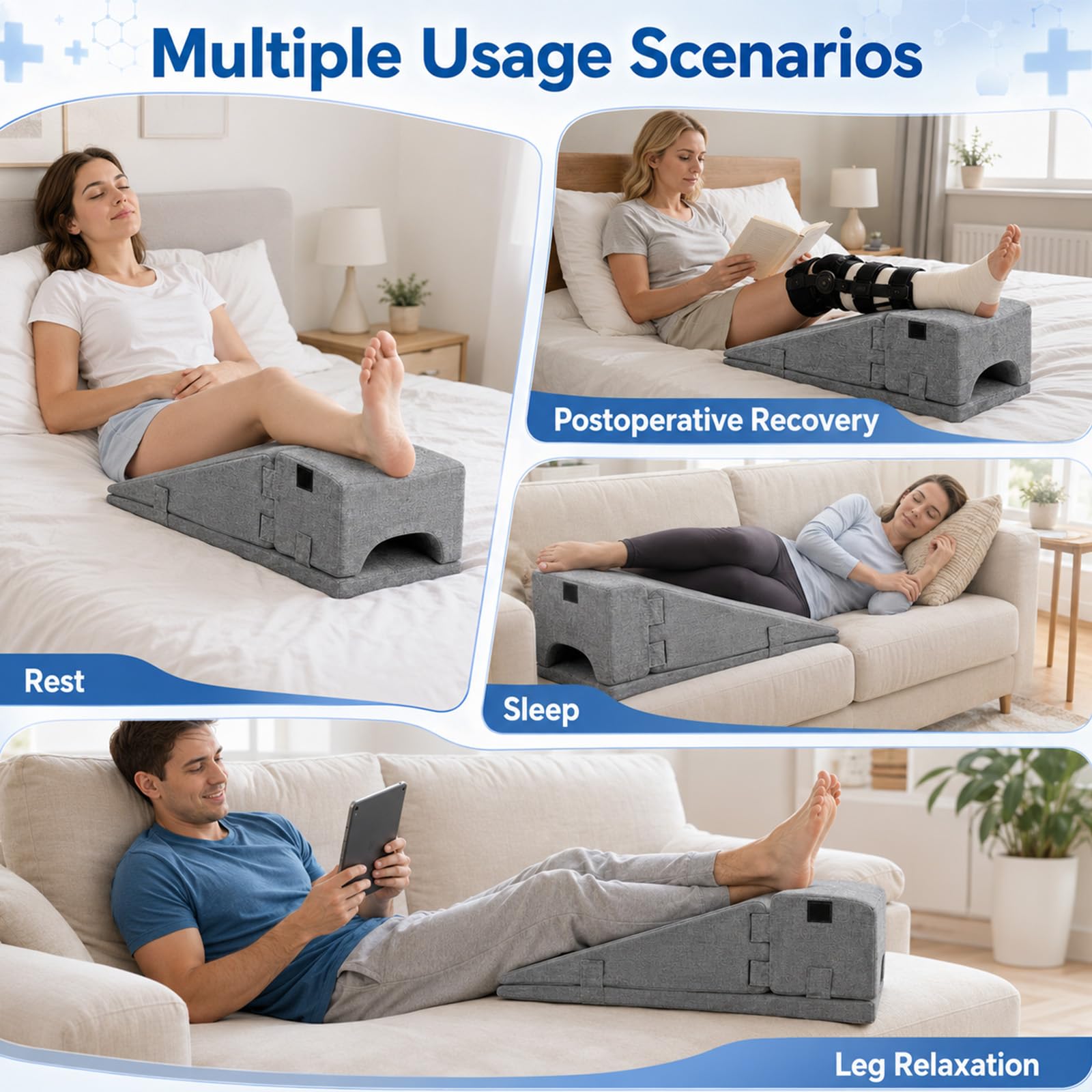 Almohada para piernas 3 en 1, cojín de apoyo de múltiples piezas para piernas rectas, elevar las piernas y relajarse, rodillas estiradas, diseño modular con módulos de uso individual, para