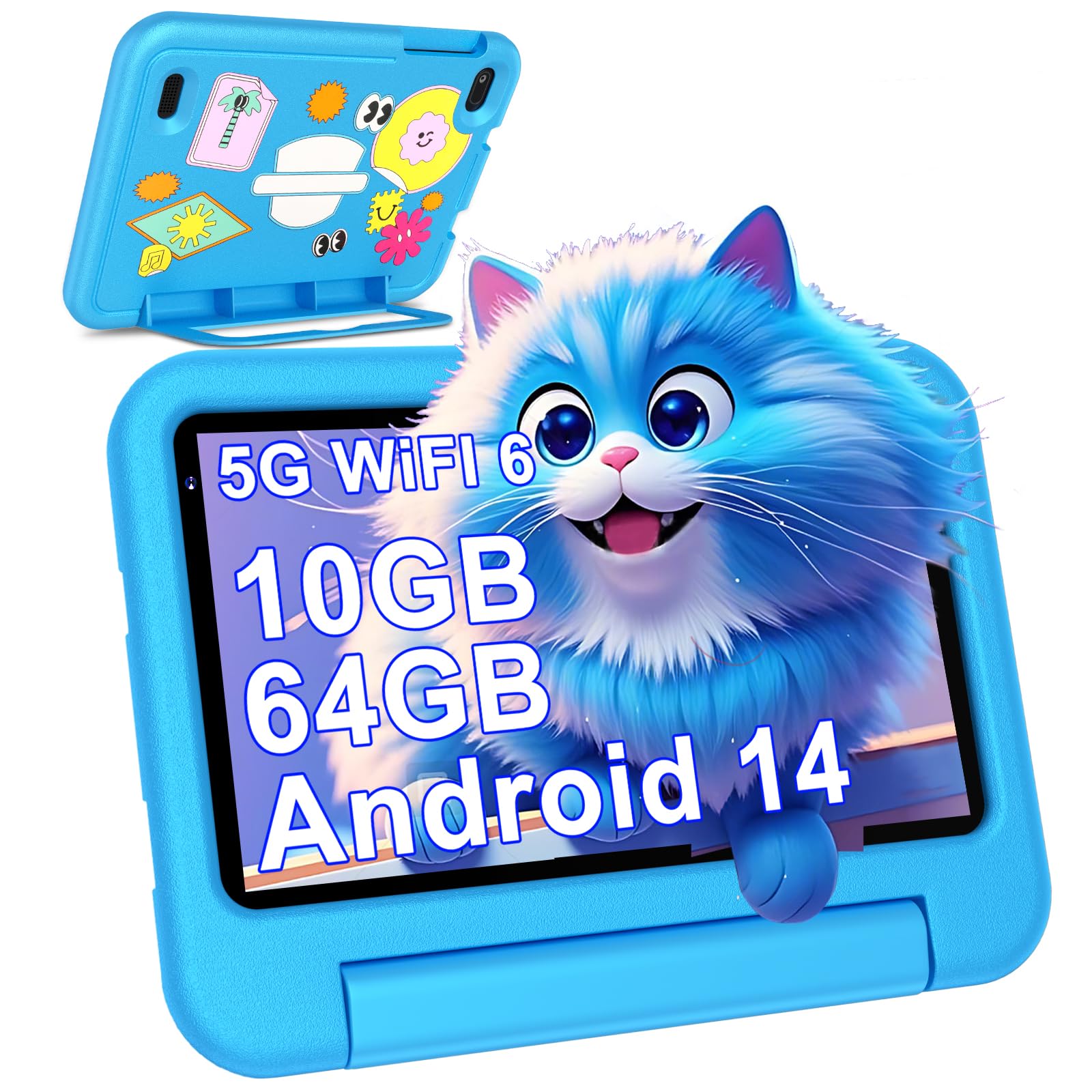 2026 Neueste Android 14 Kinder Tablet 7 Zoll, 10GB(4+6) RAM+64GB ROM/TF 1TB, WLAN 6, 5G+2.4G WLAN, 8-Core 1.8 GHz, 1024*600, 3500mAh, Type-C, Bluetooth 5.0, Kids Tablet Mit EVA-Hülle - Blau