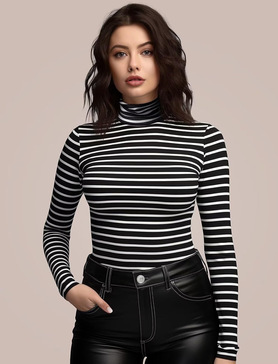 Zengjo Long Sleeve Turtleneck Women Stretch/Short Sleeve Tops Fitted Tee Shirt - Image 2