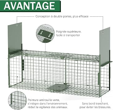 Cage Trap 80 x 26 x 26cm Reusable Live Trap with 2 Entrances for Martens, Cats, Foxes, Raccoons