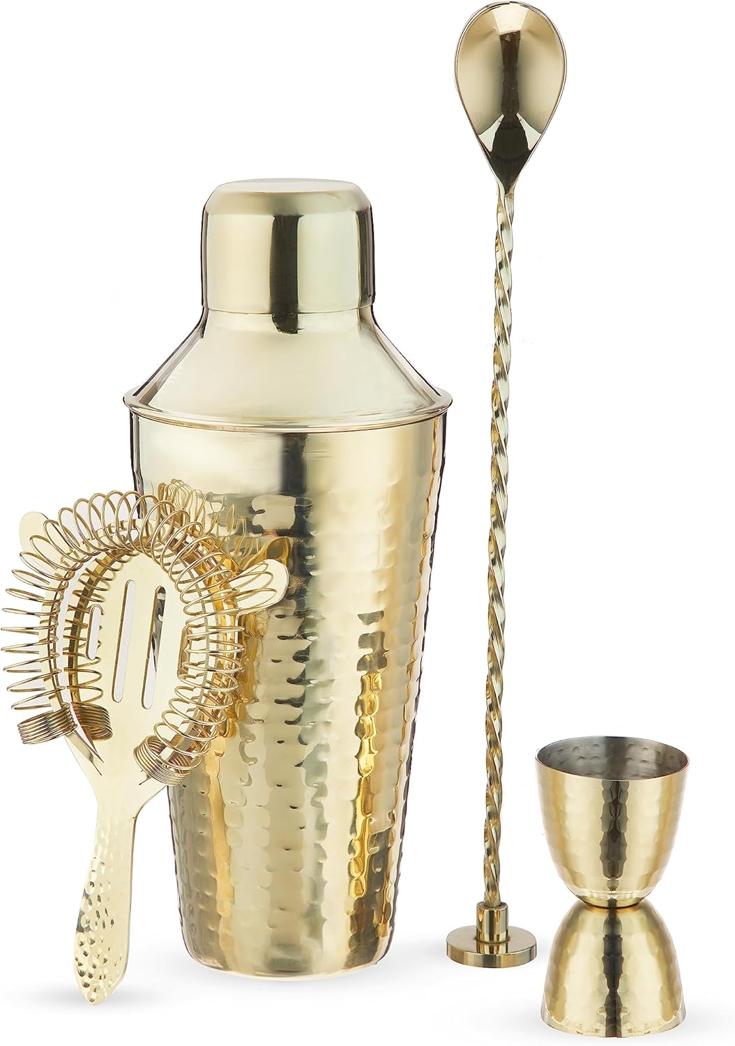 Twine 4-Piece Gold Hammered Cocktail Shaker Set Includes Cobbler Shaker, Strainer, Jigger, Bar Spoon for Classic Cocktails, Mixed Drinks, Cold Brew, Home Bar Tools, Bartender Kit, Bar Cart Accessories - Thumbnail 2