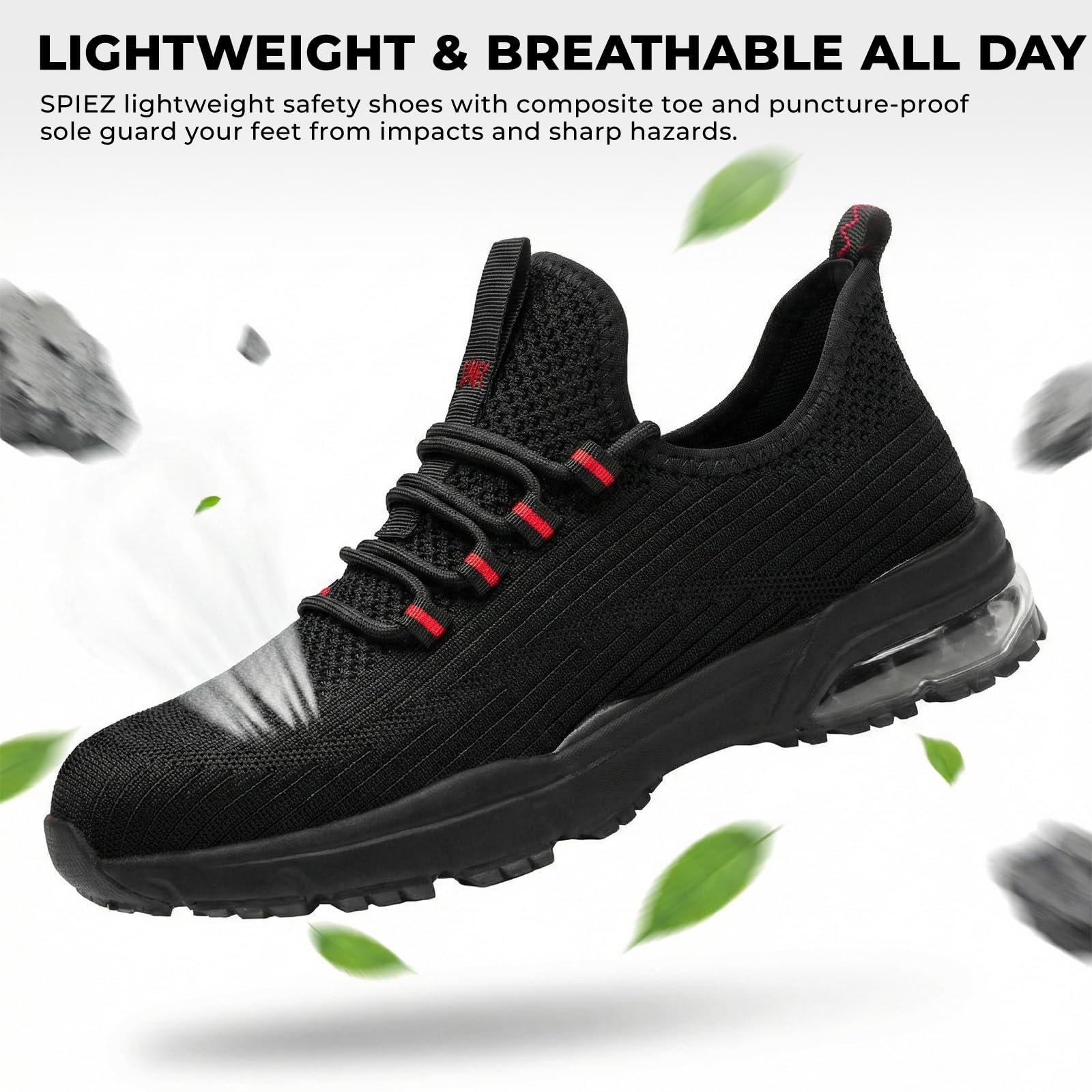 SPIEZ Chaussures De Sécurité Hommes Femmes, Légère Basket De Travail à Coussin d'air, Slip-on, Noir/Rouge EU 37-46