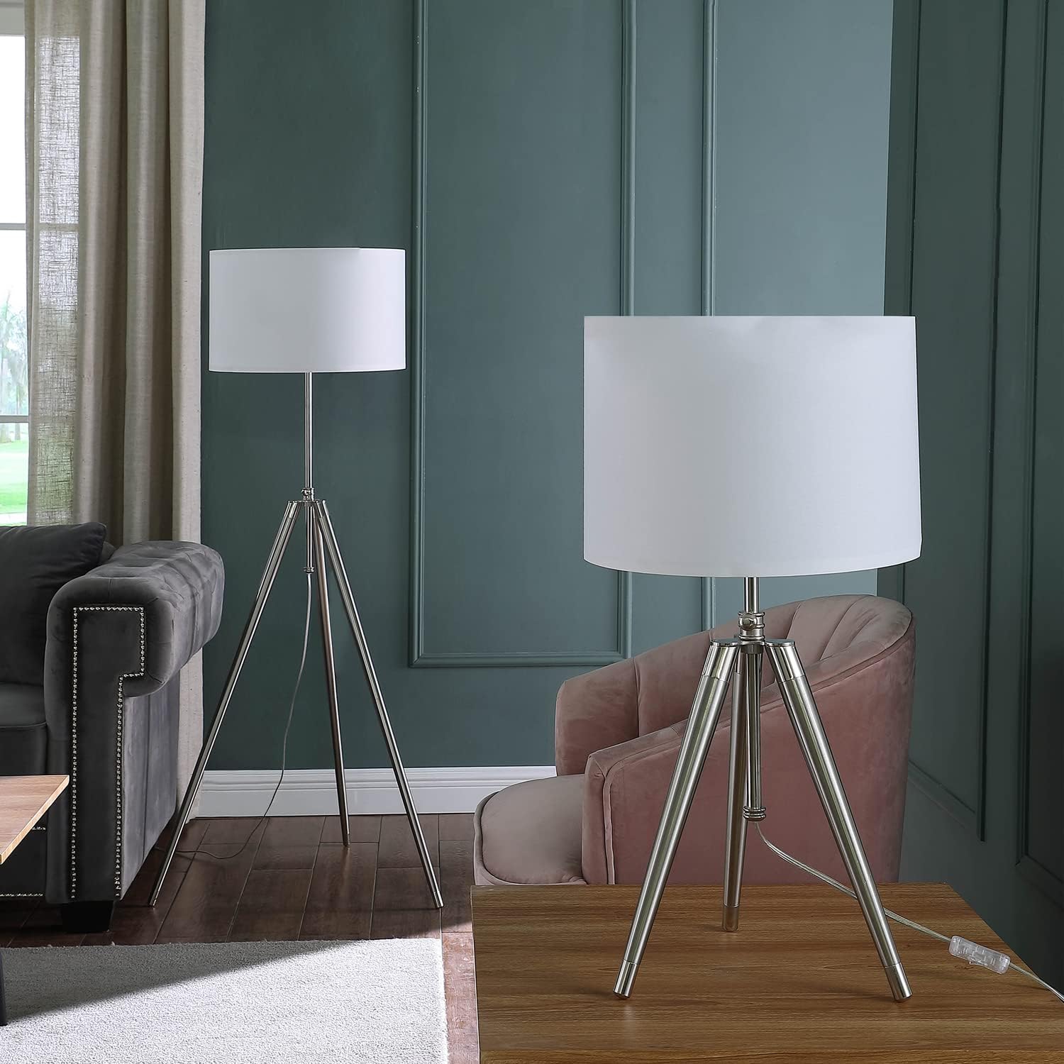 ORE International 34.25" - 29.25" in Mid-Century Adjustable Tripod Chrome/Silver Metal Table Lamp