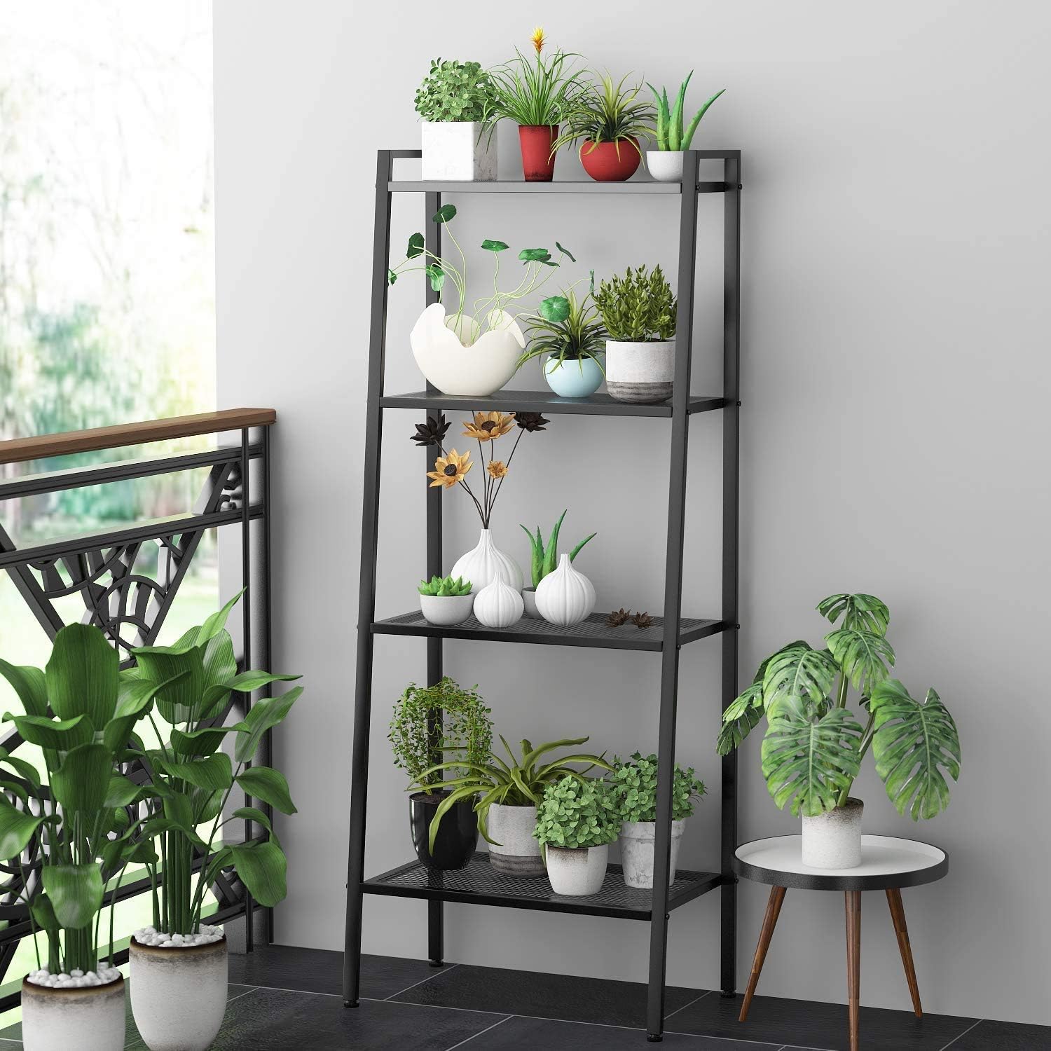 Metal 4 Shelf Bookcase, Multifunctional Ladder-Shaped Plant Flower Stand Rack Bookrack Storage Shelves, Black