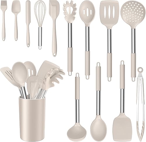 Miniatura 1 de E-far Juego de utensilios de cocina de silicona de 14 piezas, juego de utensilios de cocina con soporte, espátula, cucharón, cuchara, pinzas,