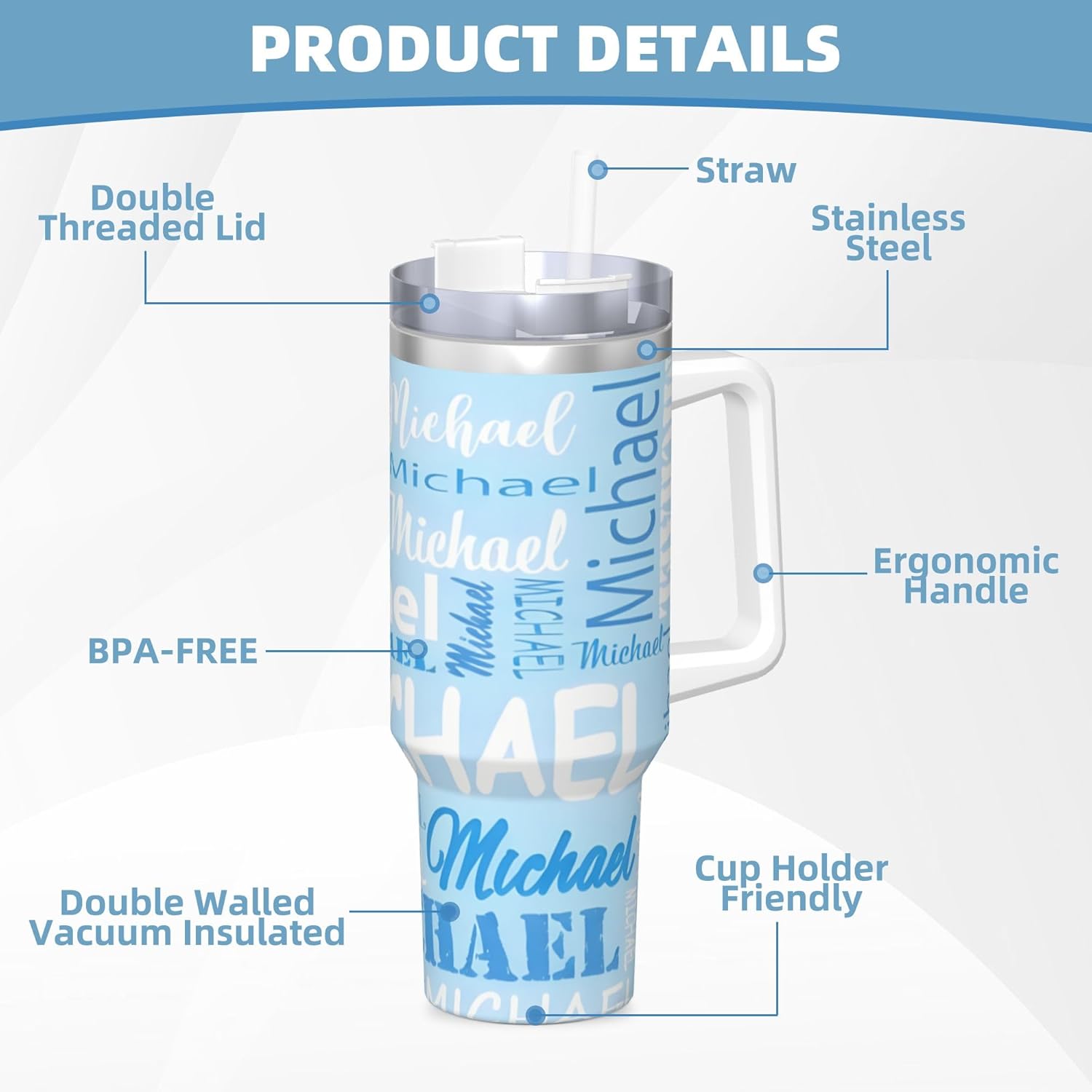 Personalized 40 Oz Tumbler with Handle and Straw,Custom Photo Cup with Text Stainless Steel Mug,Stainless Steel Travel Coffee Tumbler Birthday Gifts for Women Men - Image 4