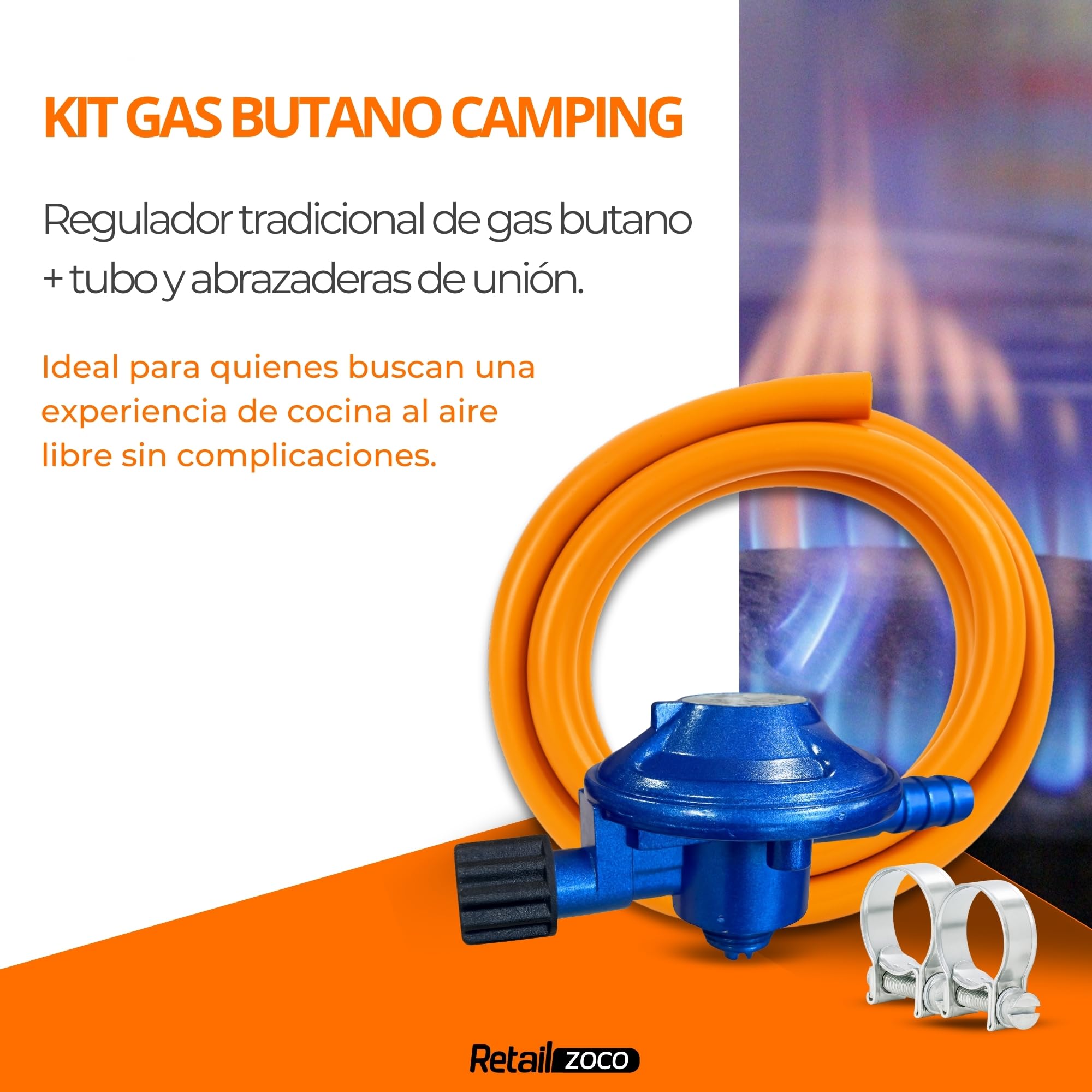 TECHZOCO Kit Completo butano para bombona de butano de Camping + Tubo Goma 1,5 Metros + 2 Abrazaderas Seguridad, Homologado,Apto para aparatos de Gas para Camping, barbacoas y Calentadores