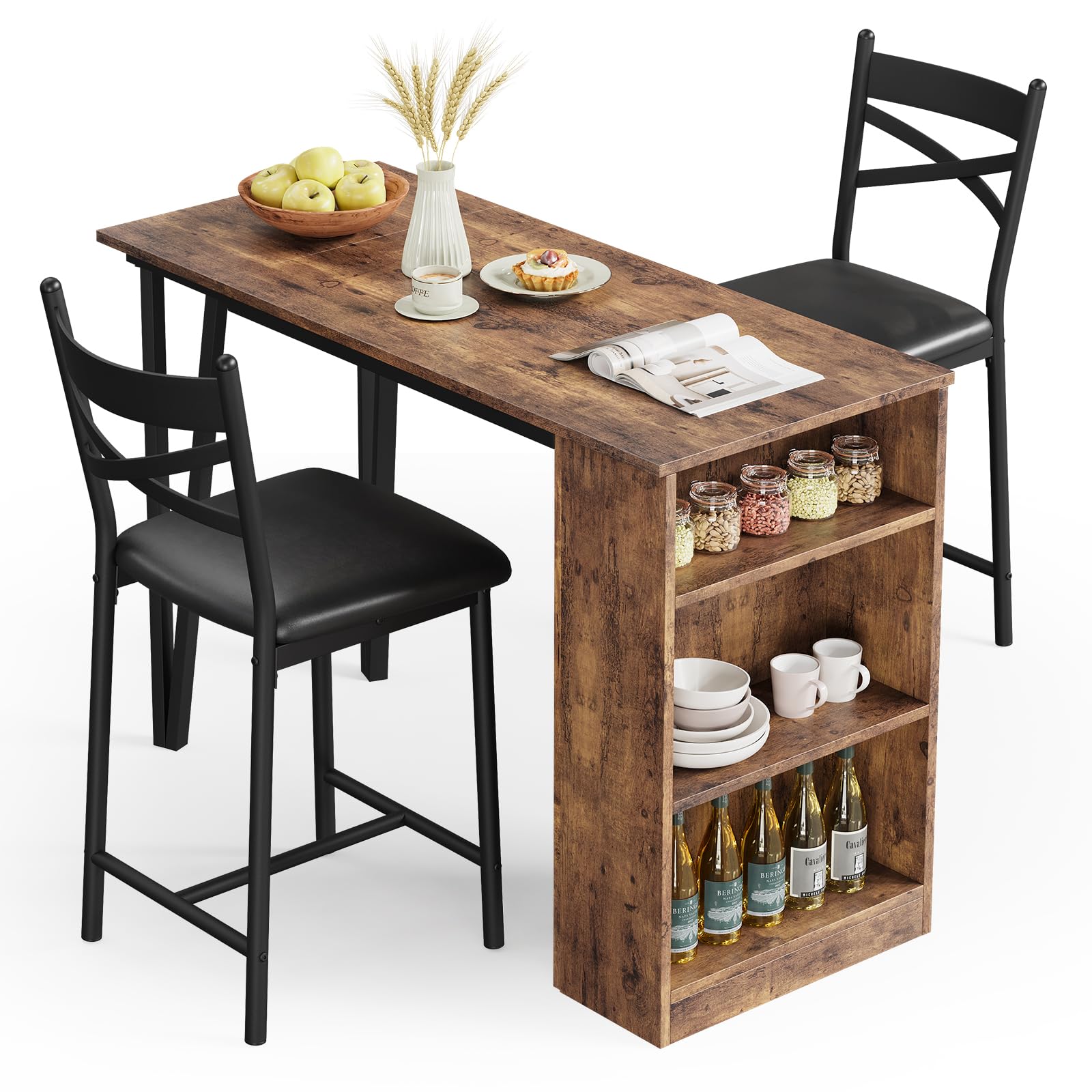 Kompakt und platzsparend, 3-teiliges Esszimmer-Set für 2 Personen – ausziehbarer Bartisch mit 3 Ablagen – 2 gepolsterte Hocker – ideal für Küche, kleine Räume, Wohnung – Stil
