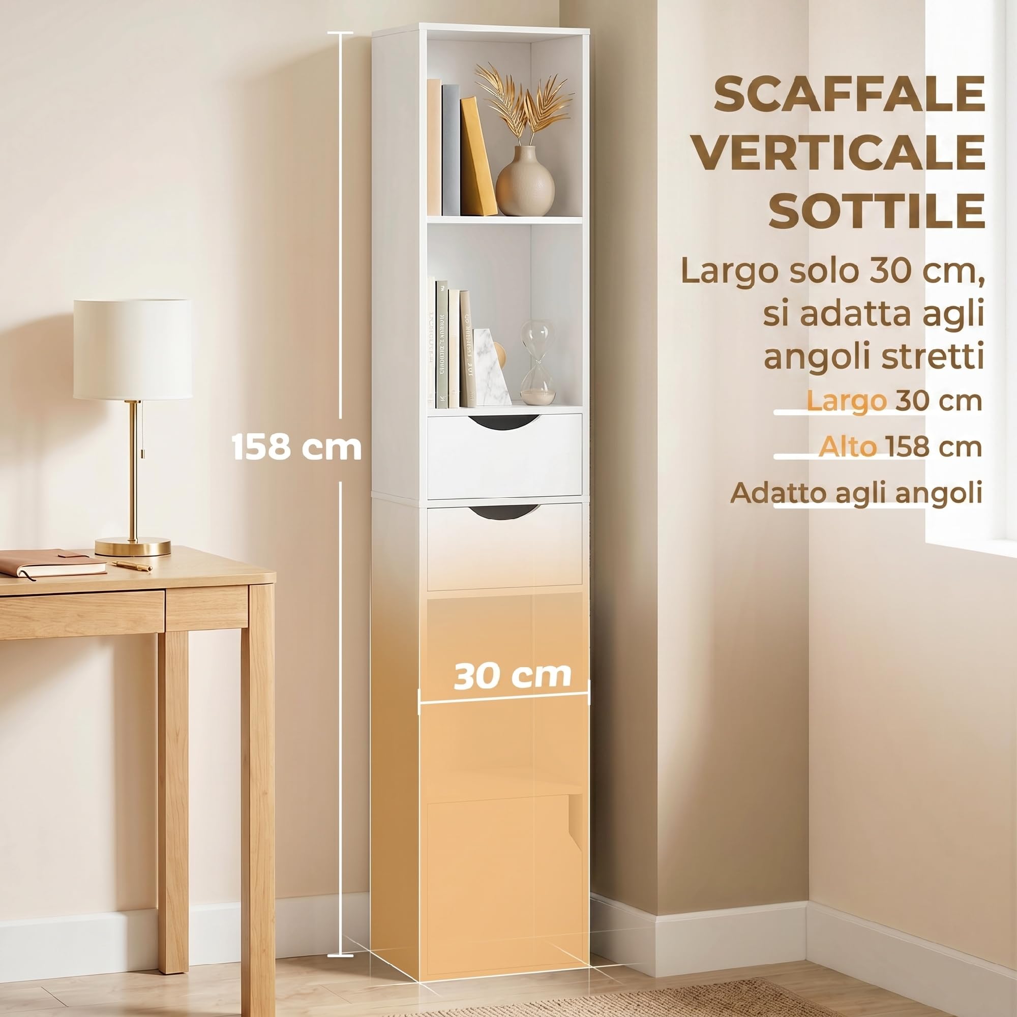 HOMCOM Libreria Scaffale Slim a 3 Ripiani Aperti, 30x24x158 cm Bianco | Cassetti, Libreria Verticale Salvaspazio, Mobile Portaoggetti con Ante e Ripiano Regolabile, Soggiorno Studio Ufficio