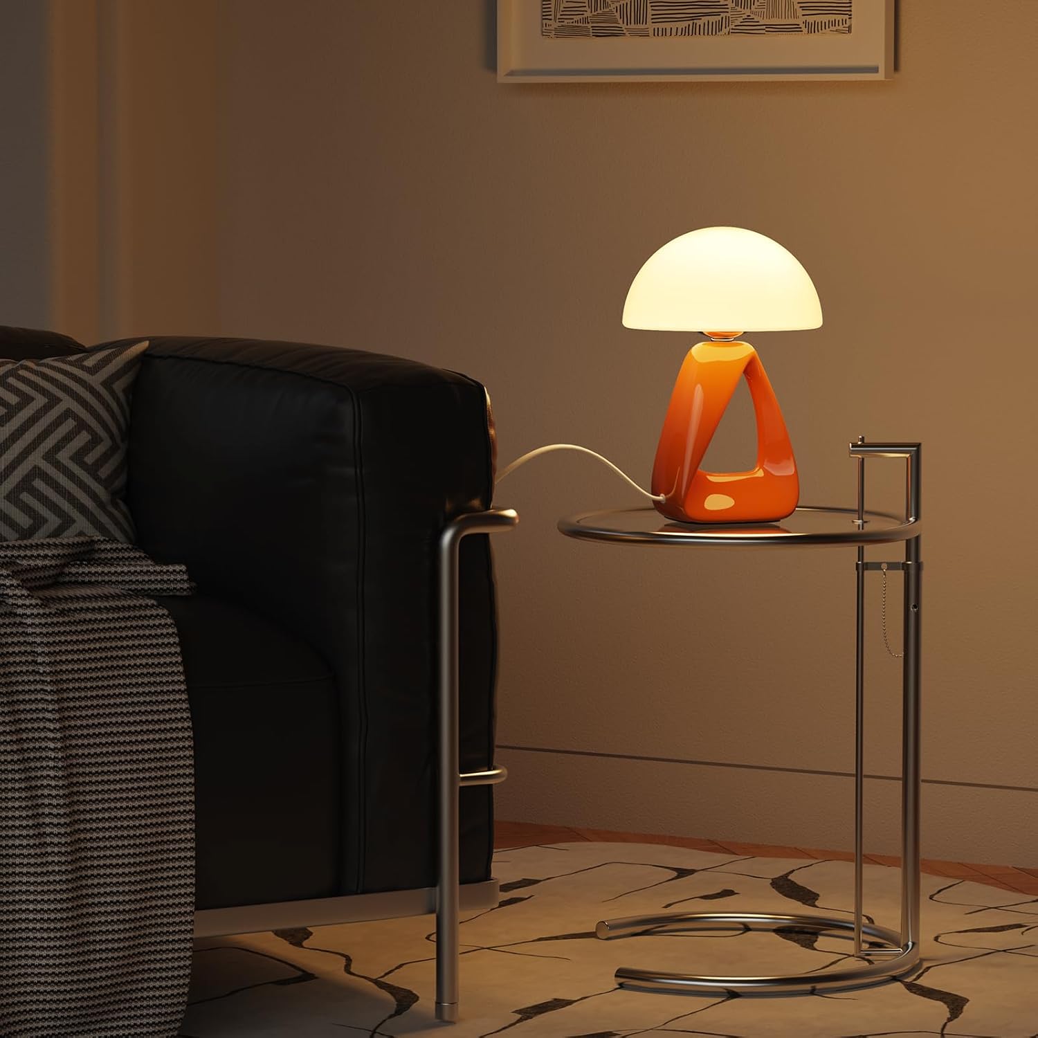 Mushroom Lamp, Small Table Lamp for Bedroom, Creative Geometric Ceramic Base Bedside Lamp, Mid Century Modern Side Table Lamp for Living Room Nightstand, Unique Aesthetic Home Decor Gift Ideas, Orange