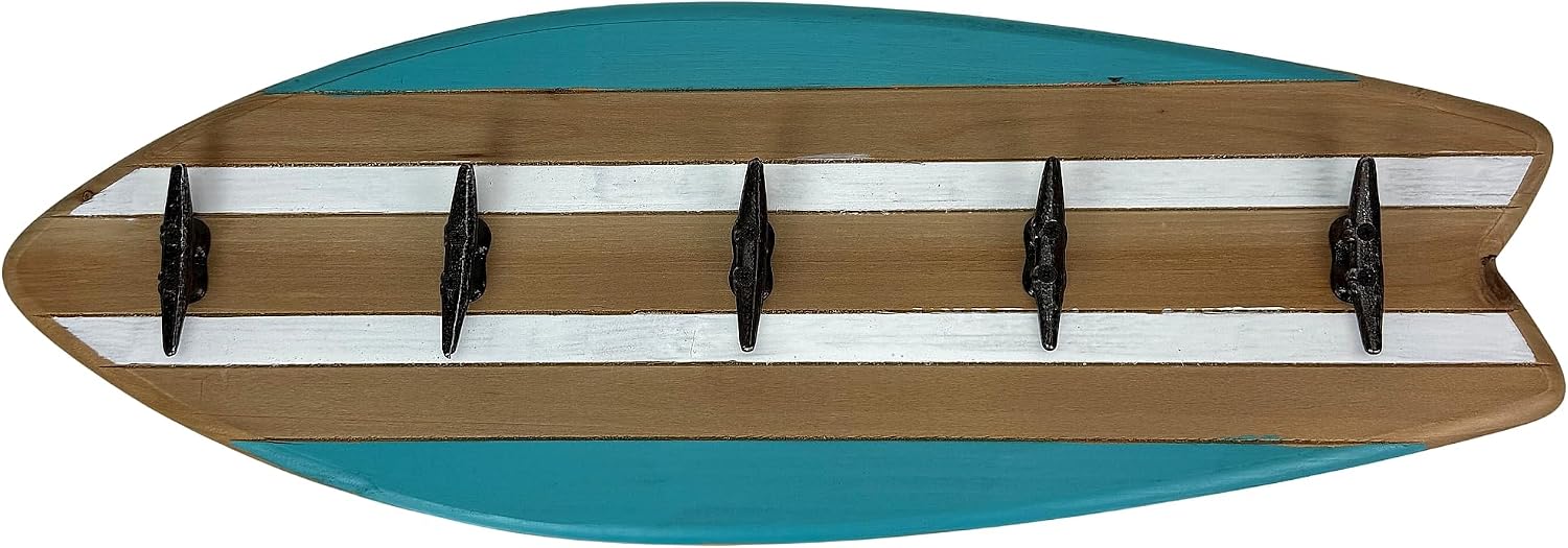 Things2Die4 Surfboard Wall Hook Rack, 28 Inch Wood and Metal, 5 Cleat Hooks