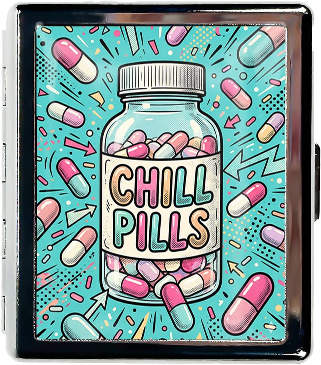 Metal 7 Day Pill Organizer, Cute Small Weekly Pill Case with 8 Compartments for Travel, Moisture-Proof Medicine Holder for Purse, Compact Daily Vitamin Box (Chill Pills)