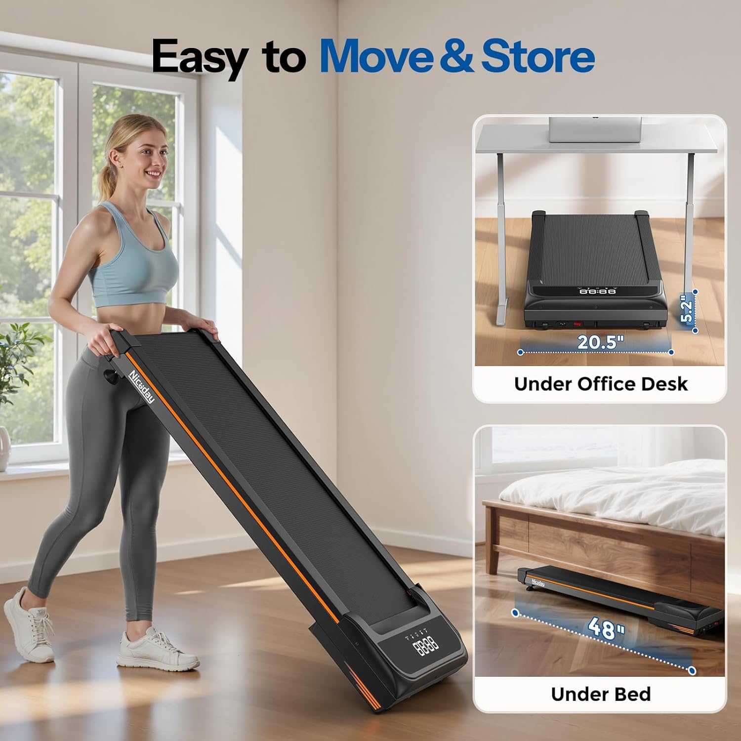 Niceday Walking Pad Treadmill with 10% Auto Incline, 400lbs Weight Capacity, Under Desk Treadmill for Home Office, 3HP Brushless Ultra-Quiet, Orange