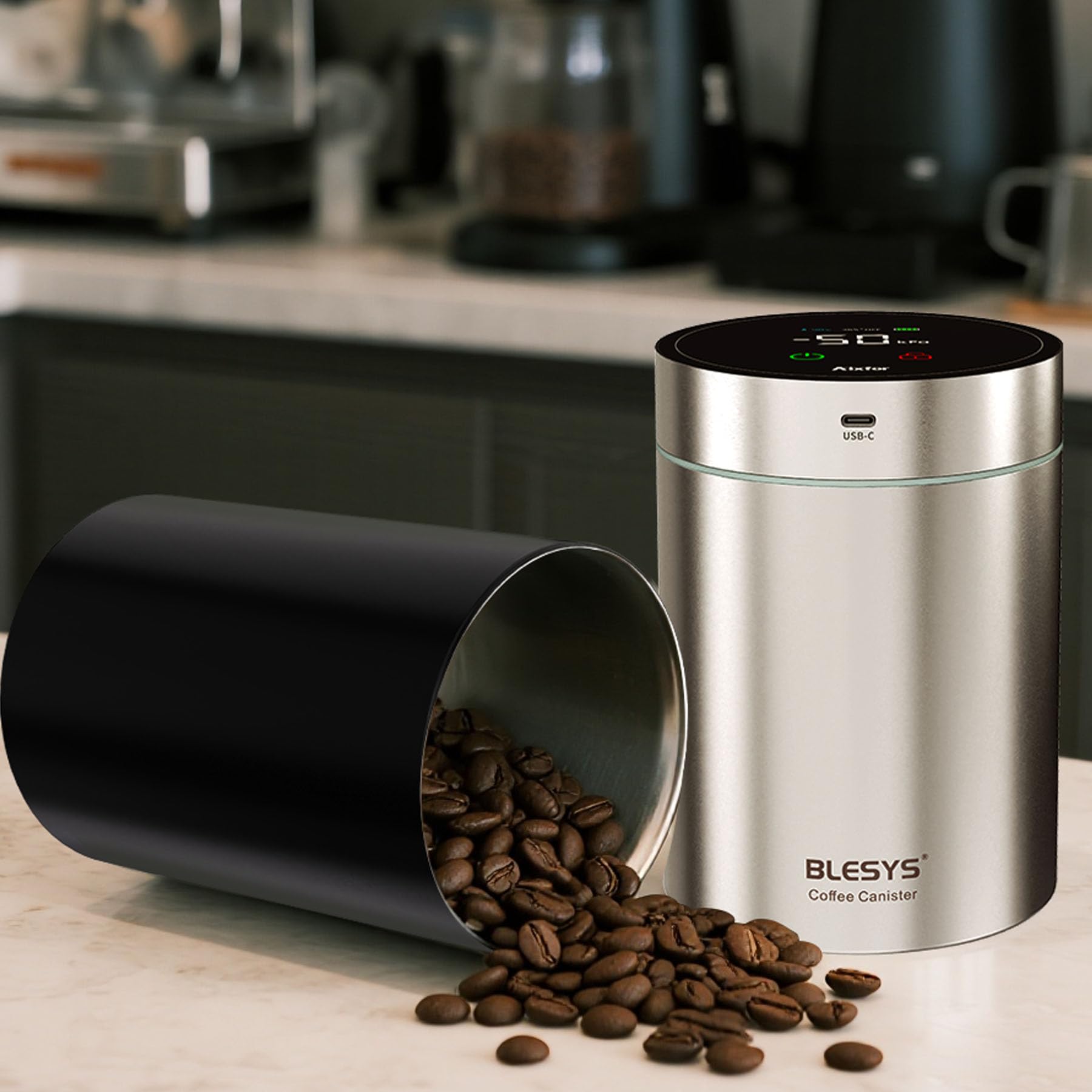 BLESYS Intelligente Vakuum Kaffeebohnenbehälter, automatischer Lebensmittelbehälter aus Edelstahl, LCD Überwachung, Frische auf Knopfdruck, Datumsanzeige, fasst 20 Unzen Kaffeebohnen(Schwarz 1,8l)
