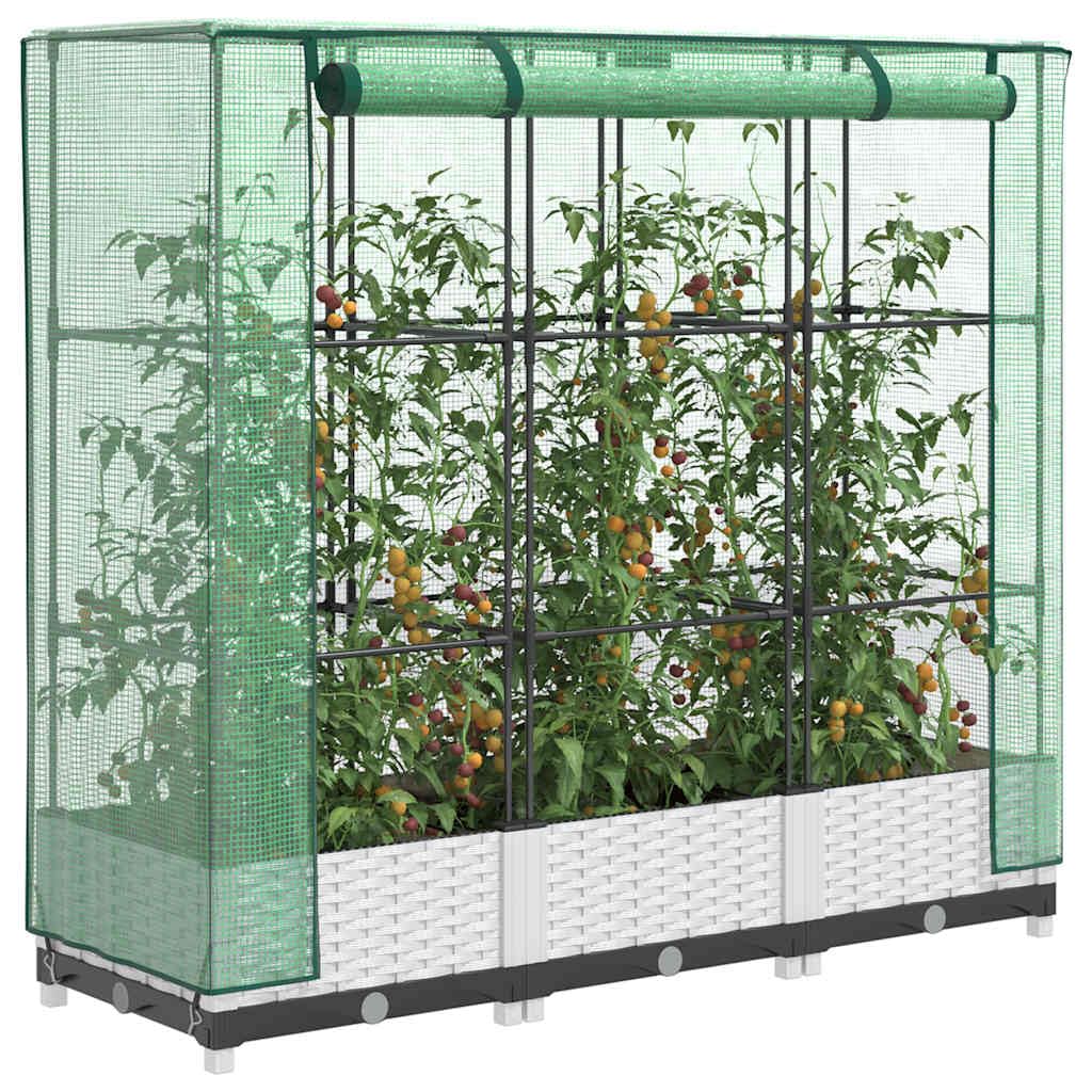 Jardinera con accesorio de invernadero en aspecto de ratán 120 x 40 x 123 cm, marco de hierro estable, cubierta impermeable, ideal para jardín, balcón, terraza, versátil como maceta y