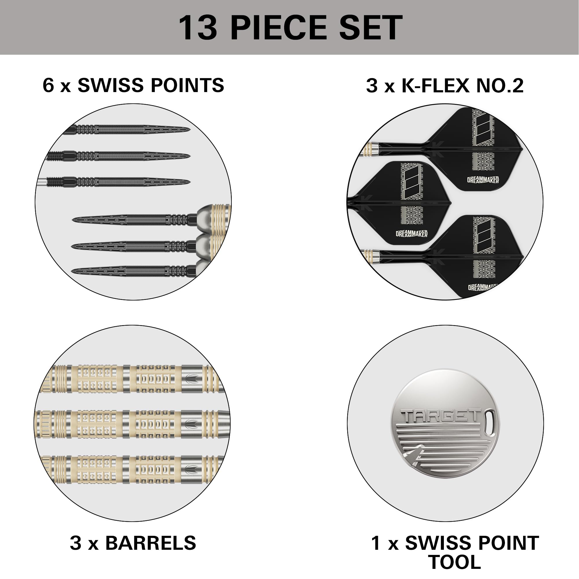 Target Darts Dimitri Van den Bergh Steel Tip 95K Dart Set, 22G/23G/24G | 95% wolframowe rzutki, lotki i trzonki K-Flex nr 2, czarne końcówki Swiss DX i narzędzie SP w zestawie | Player Edition