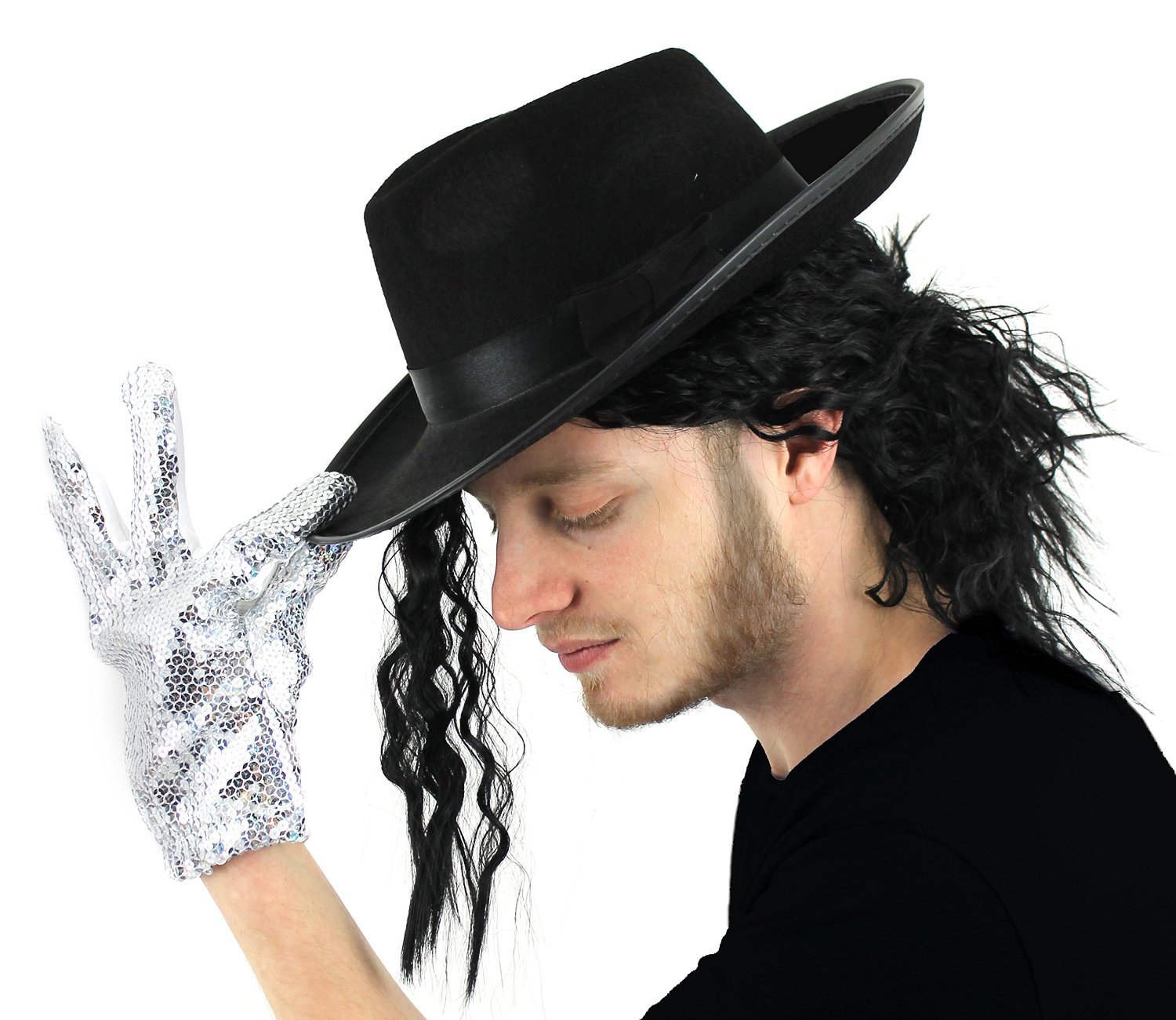 ILOVEFANCYDRESS® Jacko Fancy Dress Accessory Set - Trilby Fedora Hat With Wig and Sequin Glove (Black Hat With Band)