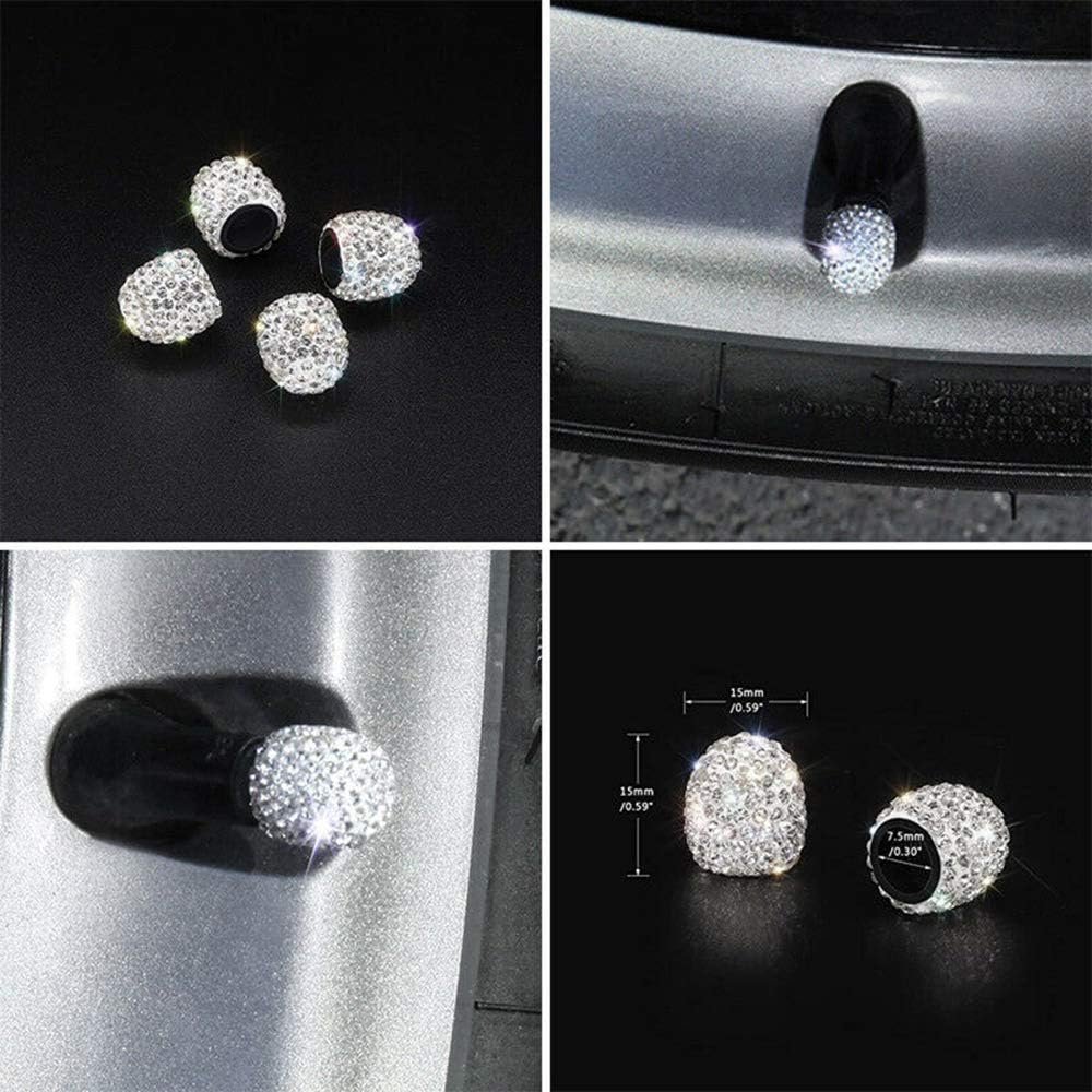 Valve Stem Caps, 4 Pack Handmade Crystal Rhinestone Universal Car Tire Valve Caps Chrome, Attractive Dustproof Bling Car Accessories - White