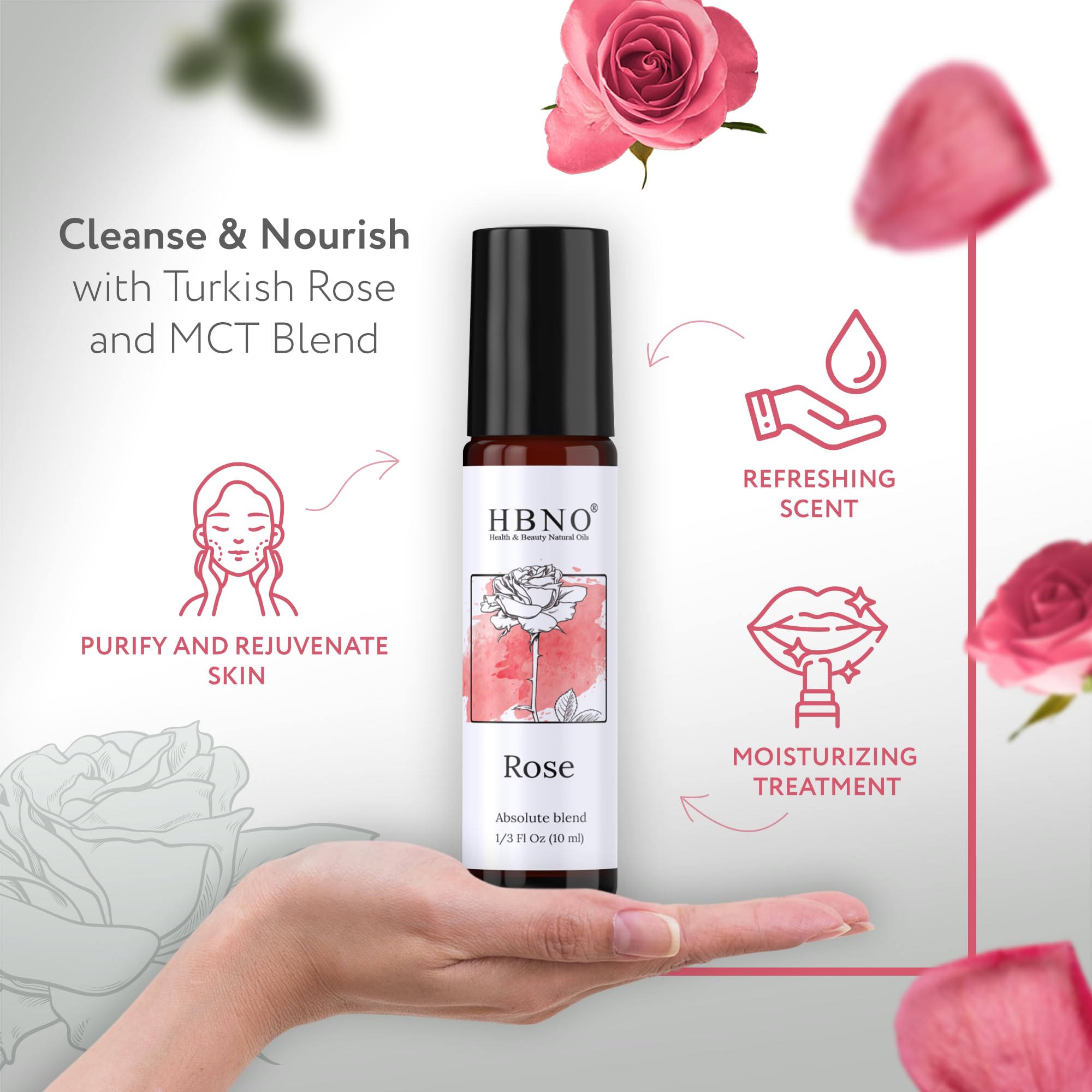 HBNO Turkish Rose Oil Roll-On - 1/3 oz (10 ml) Travel Size - Rose and MCT Oils - Perfect for traveling, Aromatherapy, massage, perfumes, moisturizer