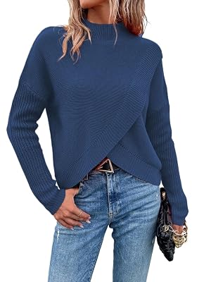 Womens Pullover Sweater Stand Collar Drop Shoulder Long Sleeve Casual Pullover Sweater