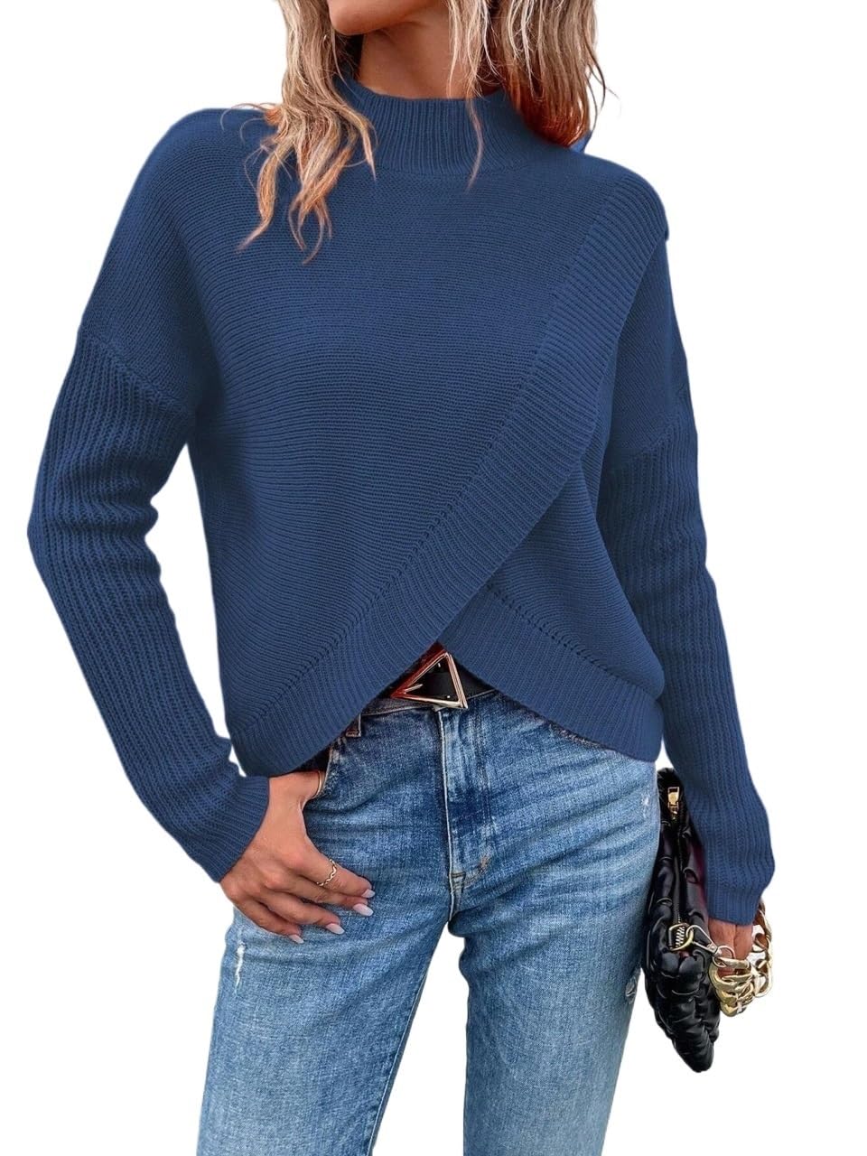 Womens Pullover Sweater Stand Collar Drop Shoulder Long Sleeve Casual Pullover Sweater