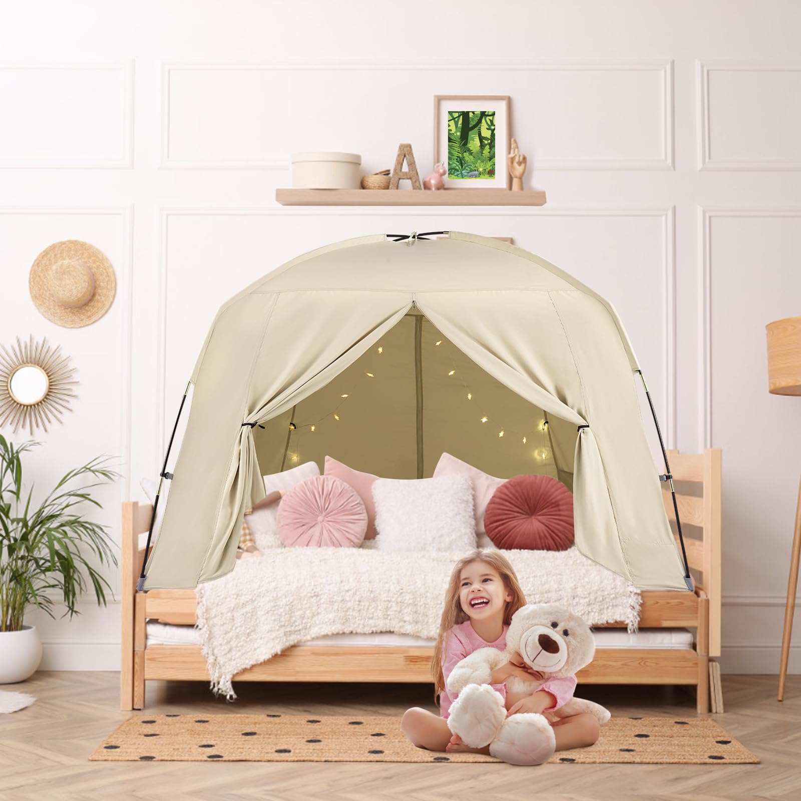 Bed Tents for Kids and Adult, Portable 100% Breathable and 85% Blackout Toddler Dream Play Tent, 3 Doors Big Privacy Space Sleeping Canopy for Floor or Twin Full Queen Sizes Bed (Khaki, Twin-Size)