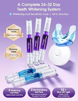 Teeth Whitening Kit with LED Light 35% Pap + Purple Tone Neutralizing 3 Whitening Pens + 2 Desensitising Gel Pens Instant Brightness & 7-Day Whitening Enamel-Safe