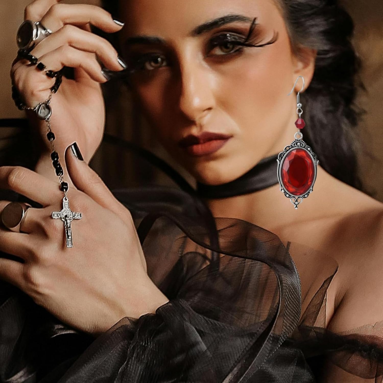 Vintage Crystal Earrings for Women,Gothic Red Black Gemstone Dangle Earrings Goth Vampire Earrings Classic Victoria Halloween Jewelry - Image 2