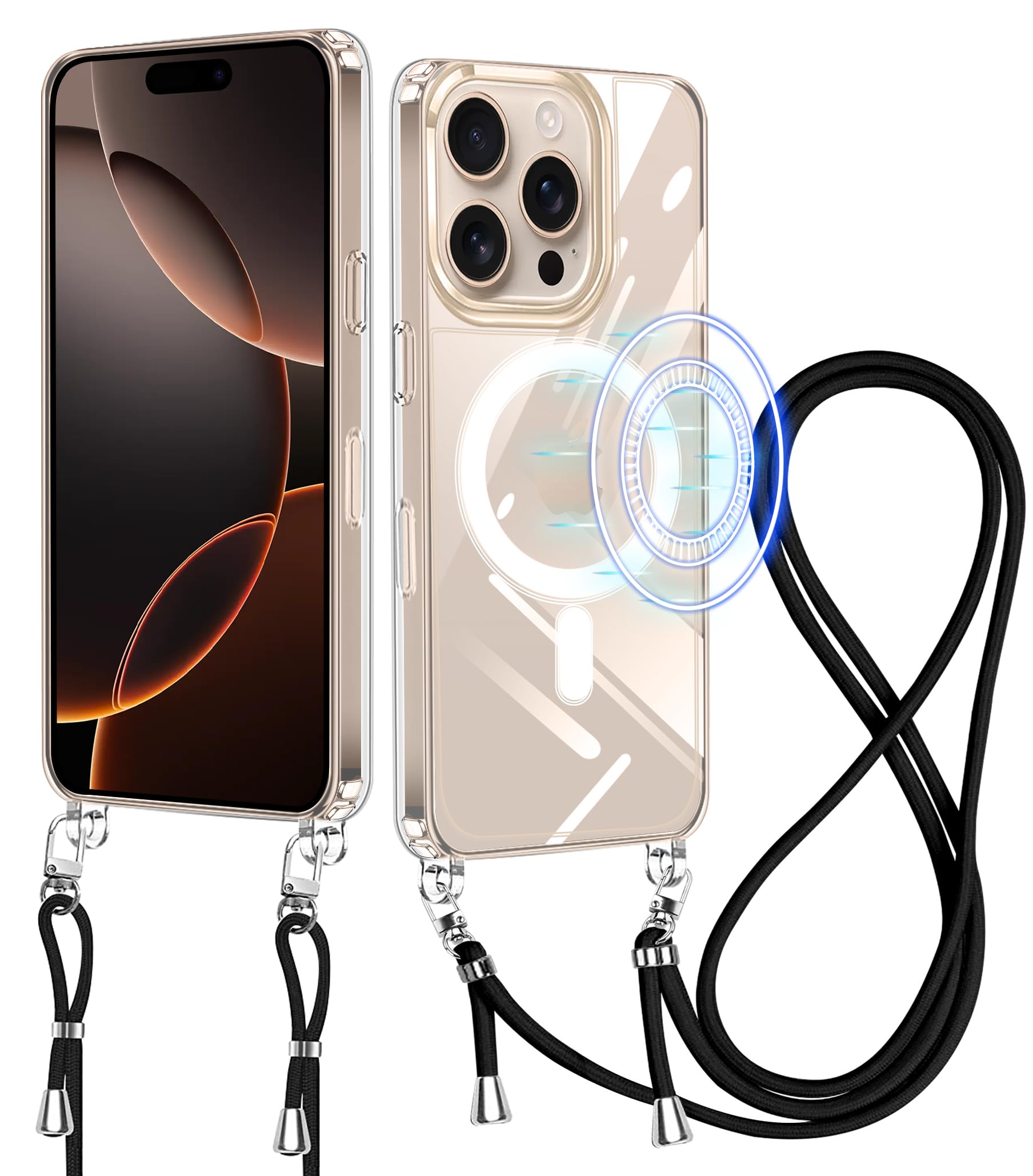 iPhone 16 Pro Max 用 ケース クリア ショルダー MagSafe対応 iphone16pro max 用 スマホケース ワイヤレス充電 アイフォン16ProMax カバー 肩掛け 斜めかけ 縄掛けケース PC+TPU 2重構造 透明 薄型 軽量 耐衝撃 長さ調整可能 取り外し可能 ネックストラップ ショルダー ケース 落下防止 紛失防止 (クリア)
