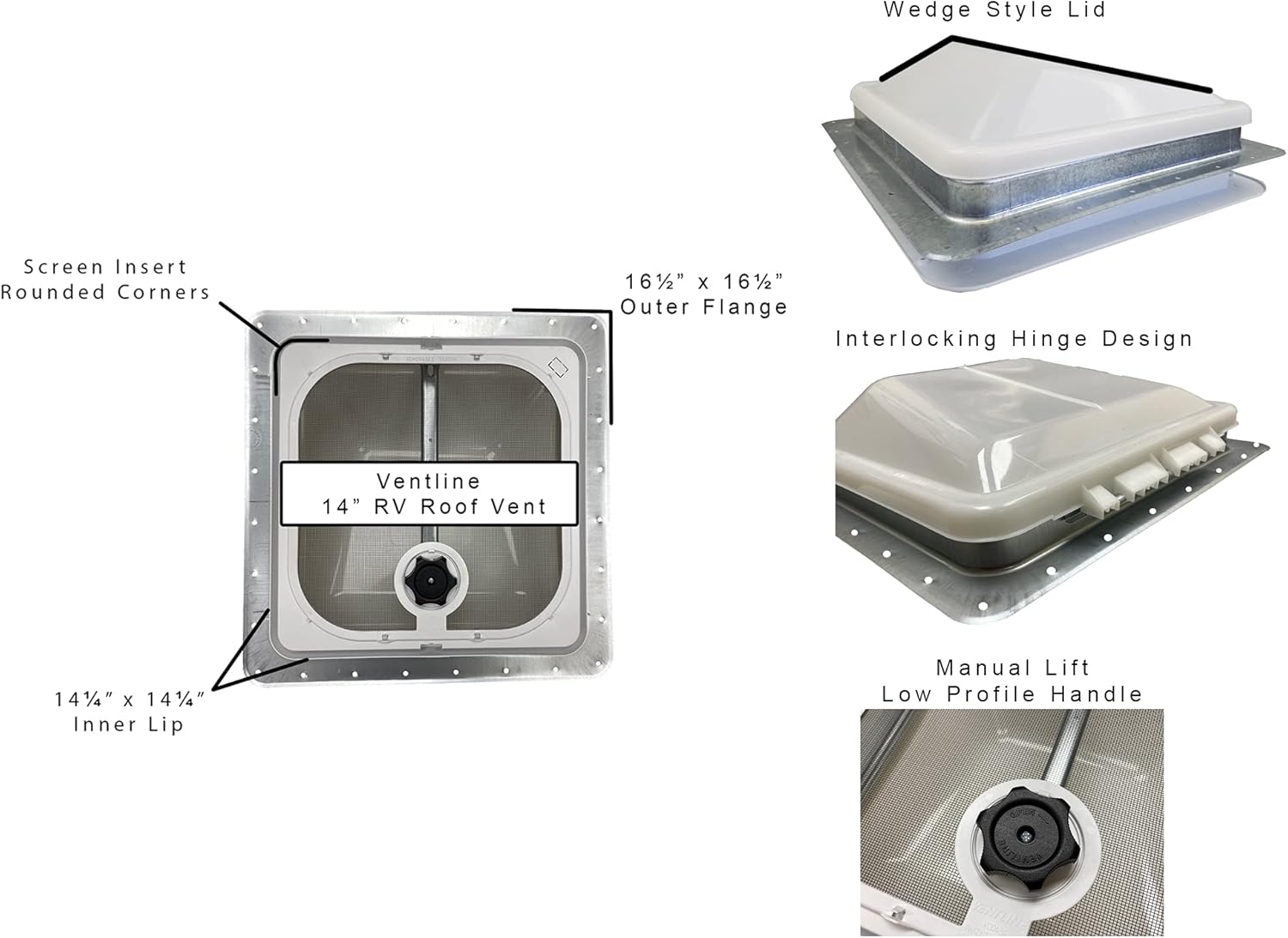 VL-W-1G | 14" RV Roof Vent | White Lid | Non-Powered | w/ 1" Garnish Trim Ring