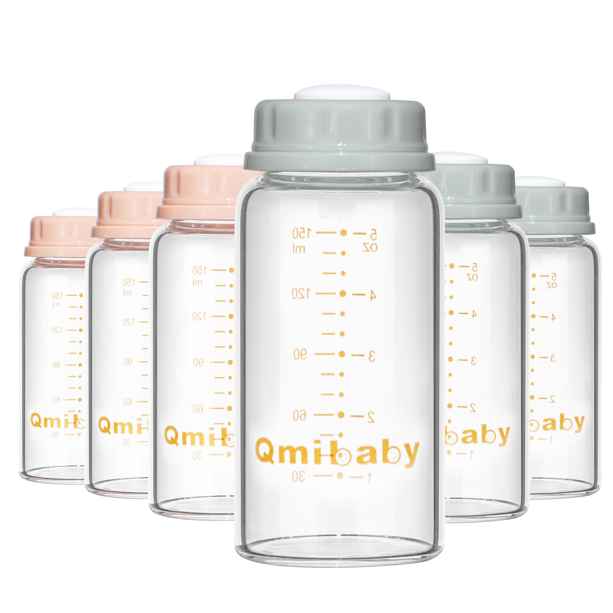 Qmibaby Natural Glass Baby Bottle,Standard Neck Breastmilk Storage Bottle for Fridge,Breast Milk Container,Breast Pump Bottle Compatible with Medela Breast Pump,BPA Free,6PCS (5oz,6 Gray Lids)