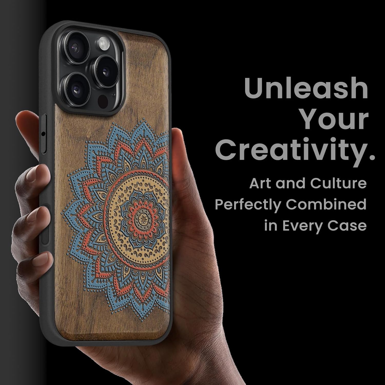 Magnetic for iPhone 16 Pro Max Case Compatible with MagSafe Wireless Charging, Natural Wood Cover & Shockproof TPU Phone Case, Walnut Hand-Drawn Pattern - Sunburst Mandala