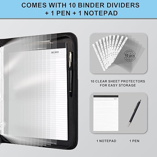 Miniatura 4 de Eshow Organizador de cartera, carpeta de 3 anillos con cremallera, carpeta de cuero vegano con bloc de notas, incluye 10 protectores de hojas