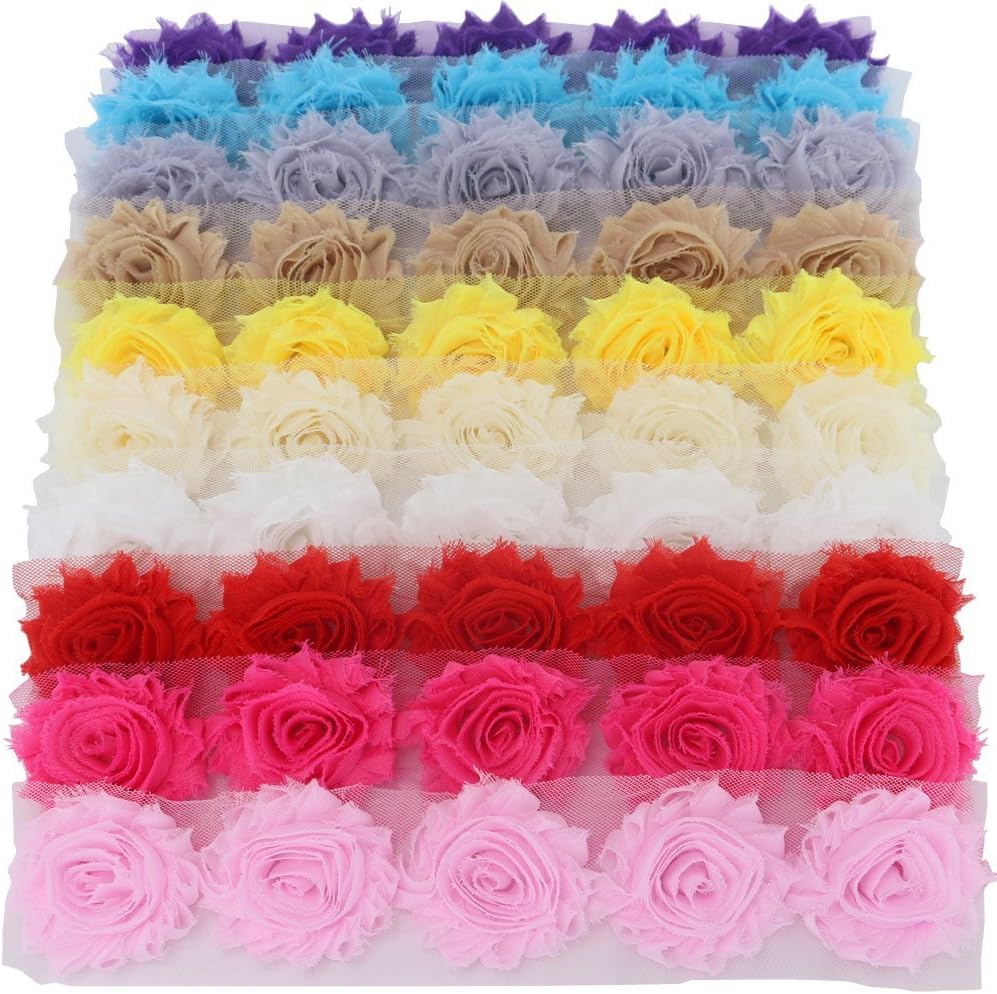 Mybigqueen 5 Piece Boutique Shabby Chic Fabric Rose Flowers Trim DIY Chiffon Frayed Tulle Flower, 10 Colors