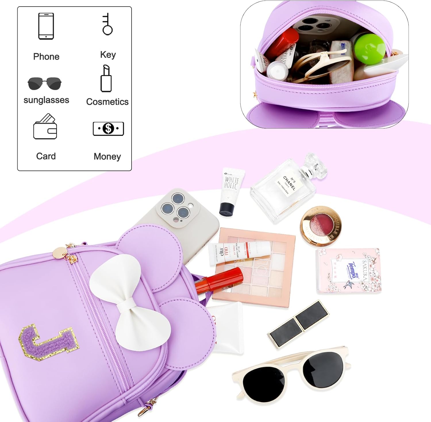 KKXIU Girls Initial Bowknot Cute Mini Backpack for Toddler, Travel Small Girl Backpacks, Personalized Birthday Gifts for Little Girls and Kids(J, Purple)