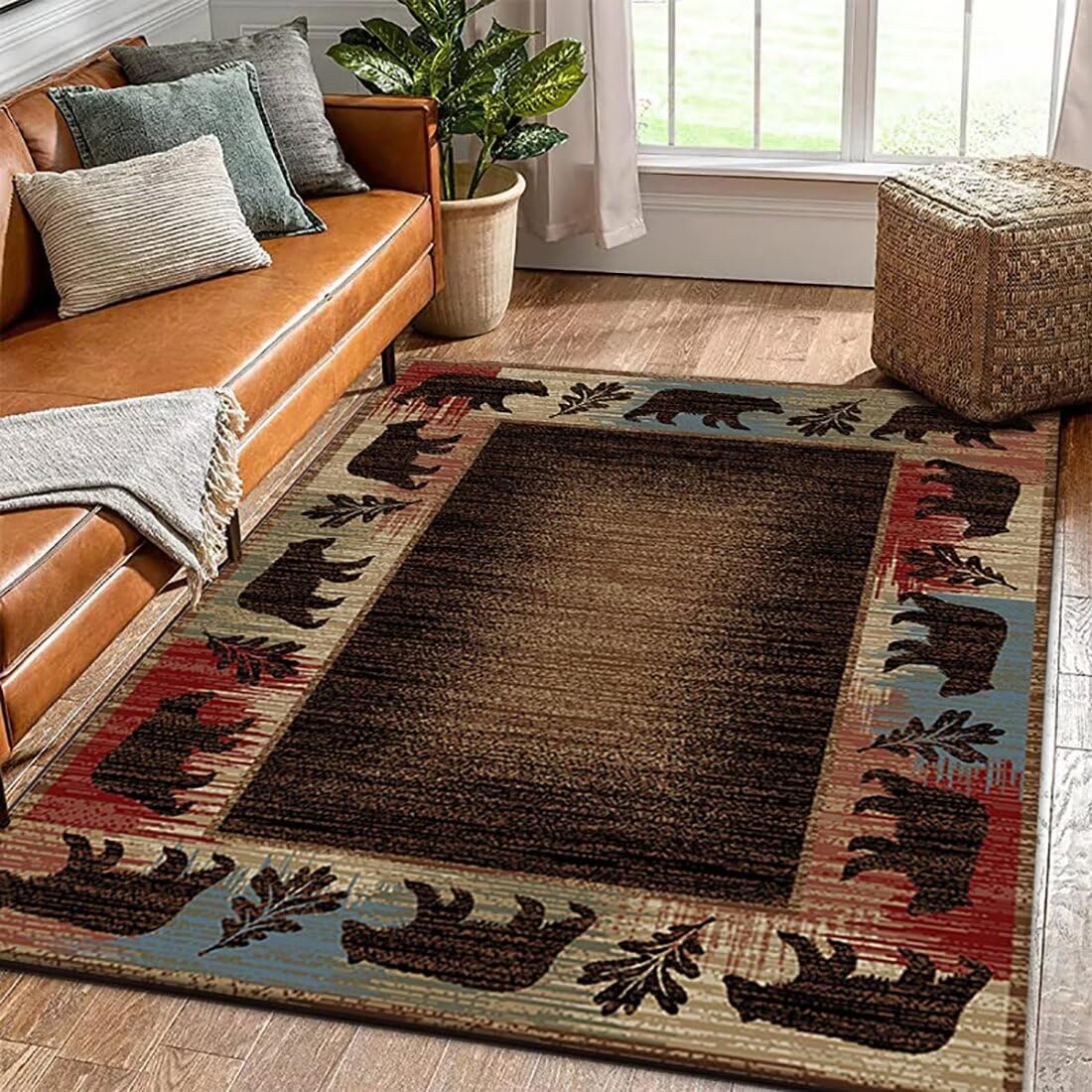 Qmkmyy Abstract Bear Leaf Bordered Area Rug for Home Office Decor Gradient Vintage Print Rugs Non-Slip Floor Mat Carpets,5'x8'
