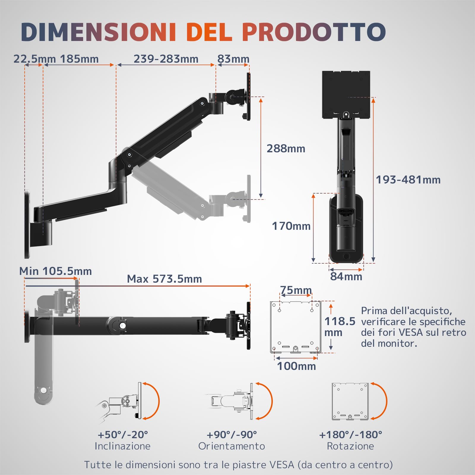 Supporto Monitor Muro per Monitor 17-49 Pollici, Braccio Monitor Muro Singolo con Molla a Gas Ergonomico Regolabile in Altezza, Rotazione e Inclinabile, Fino a 20kg, VESA 75/100 mm, Nero