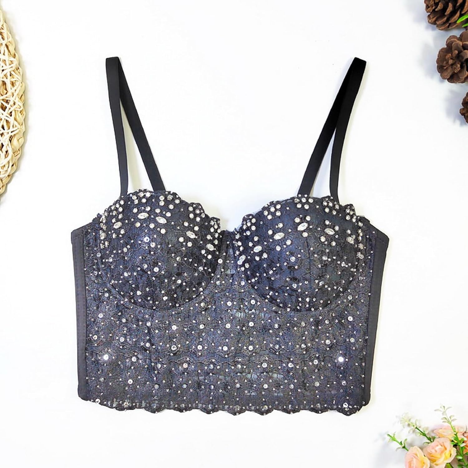 Women's Rhinestone Bustier Top Corset Sexy Club Party Crop Lace Going Out Sleeveless Top Vest Bra with Underwire - Image 2