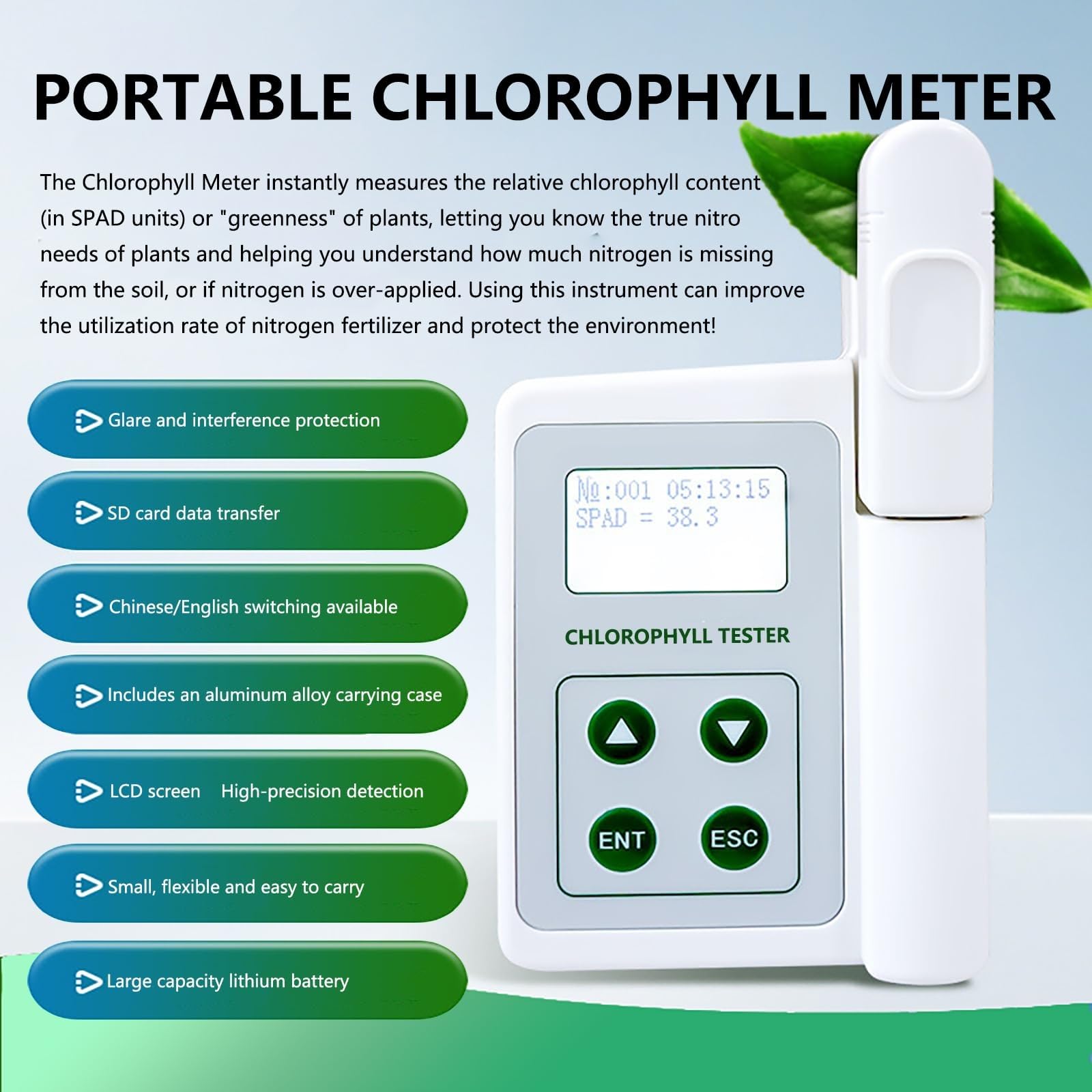 Analizador de clorofila portátil recargable, 0,0-100 SPAD, for agricultura y jardinería de precisión.